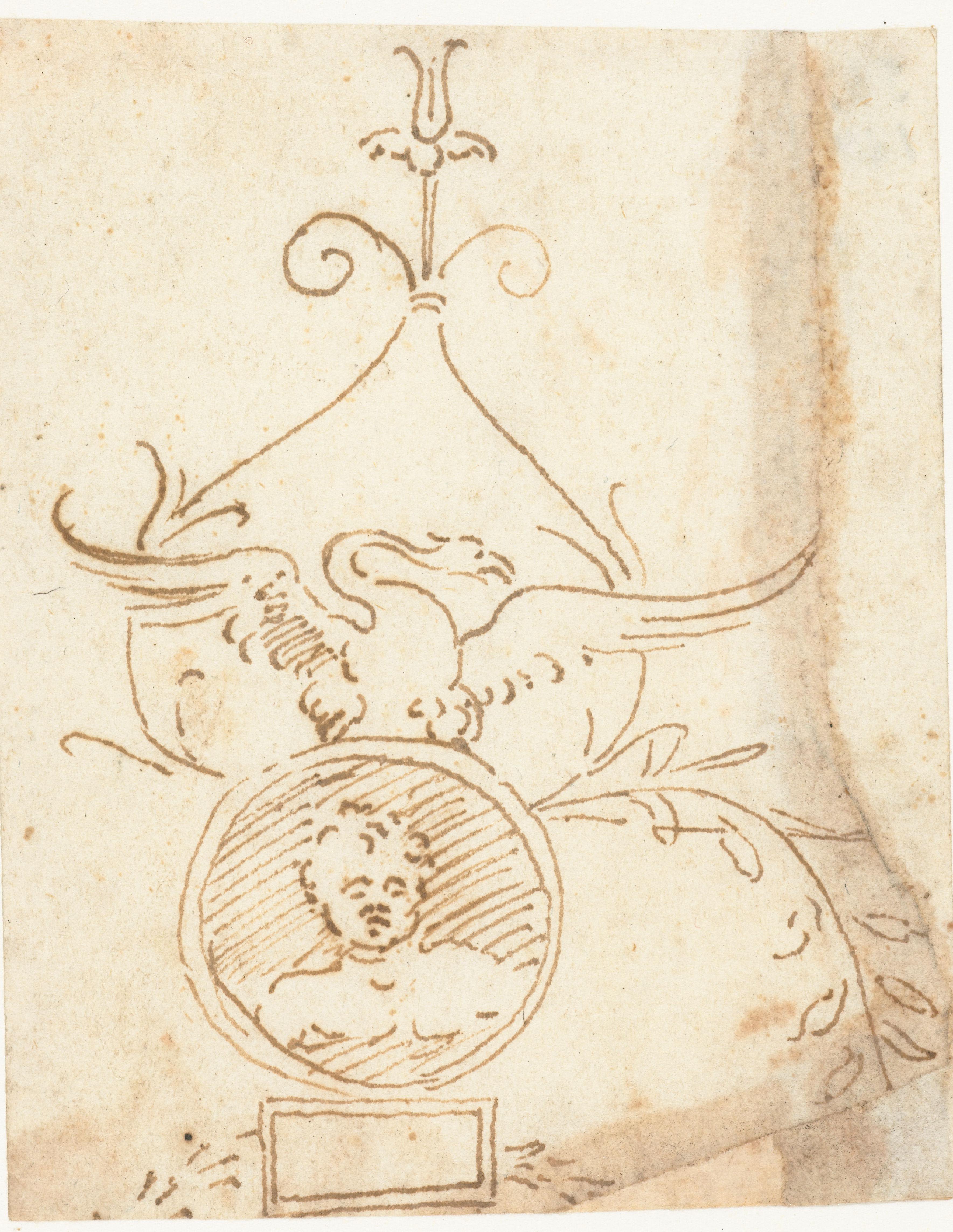 Deel van ornamentale paneelvulling met een putto in een medaillon