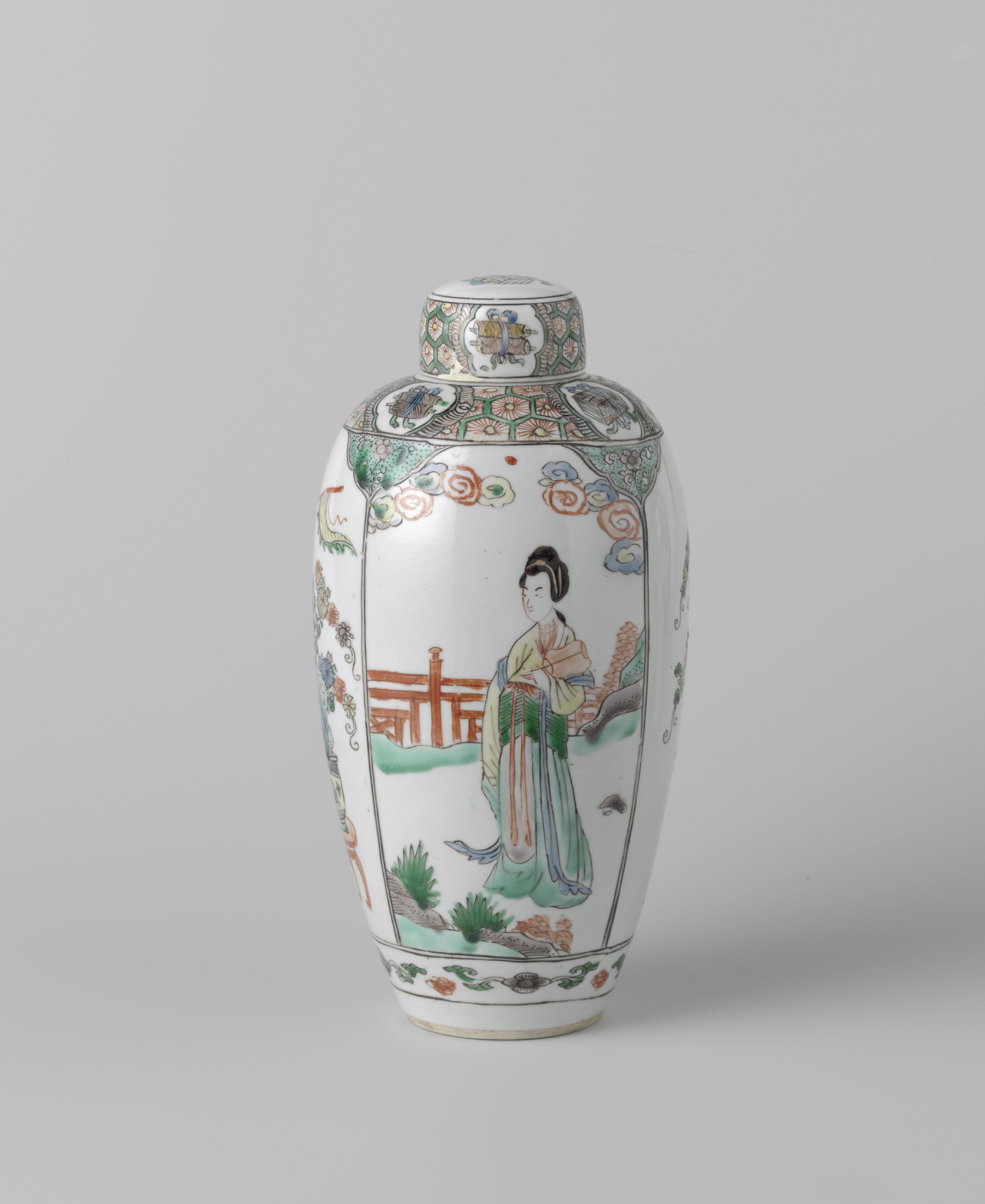 Ovoid covered jar with women and flower pots