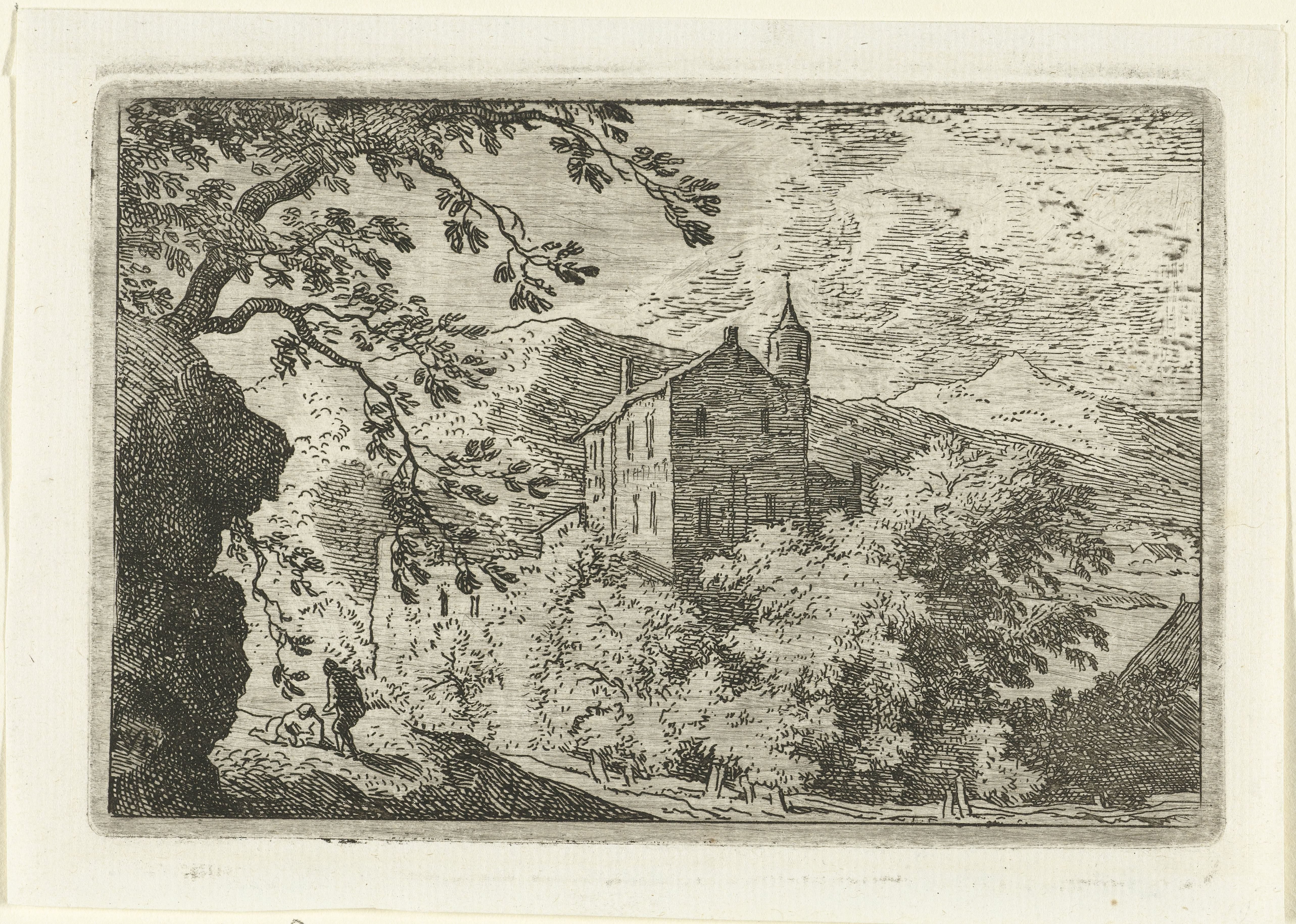 Gezicht op landhuis met torentje