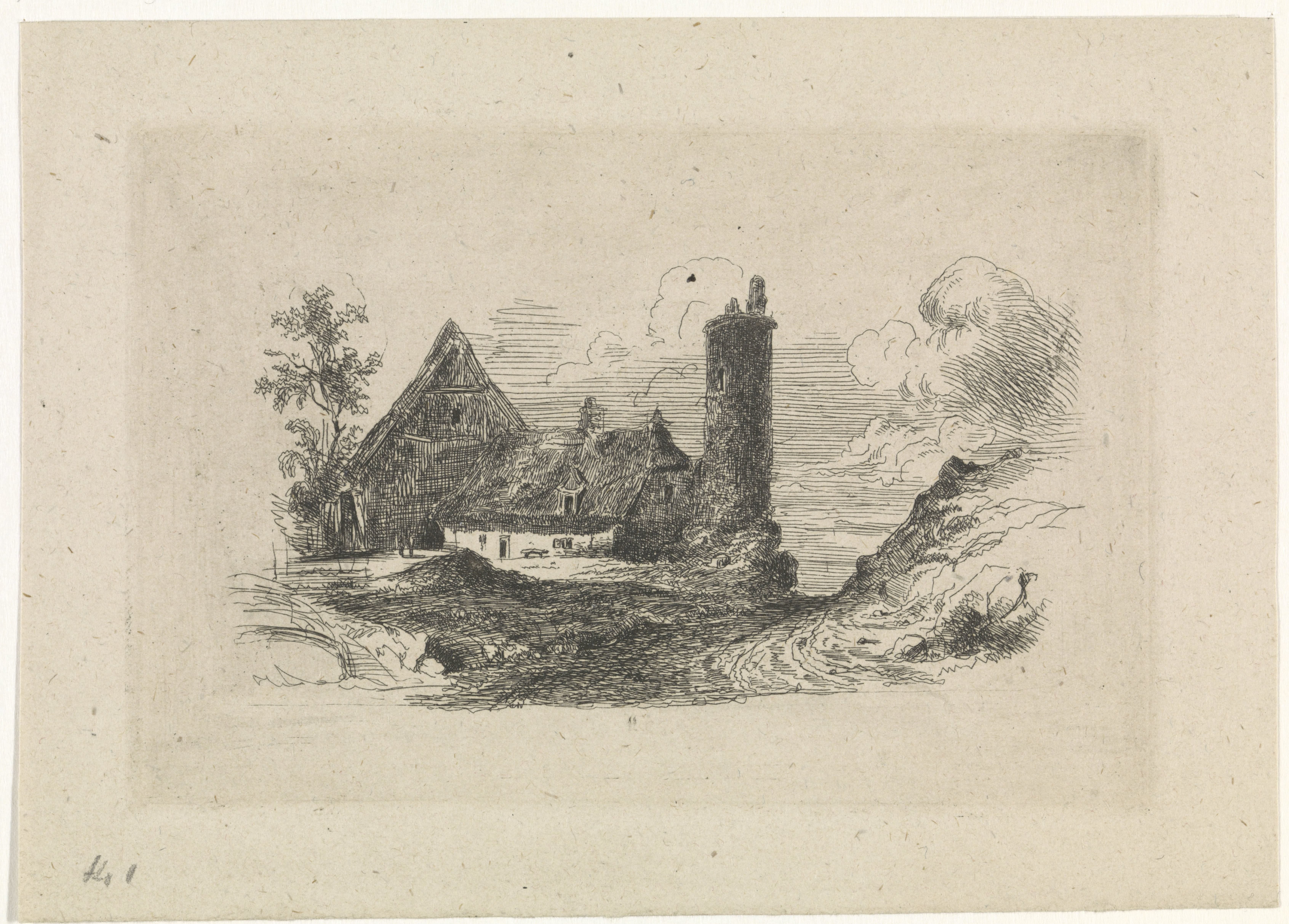 Landschap met boerderij en toren