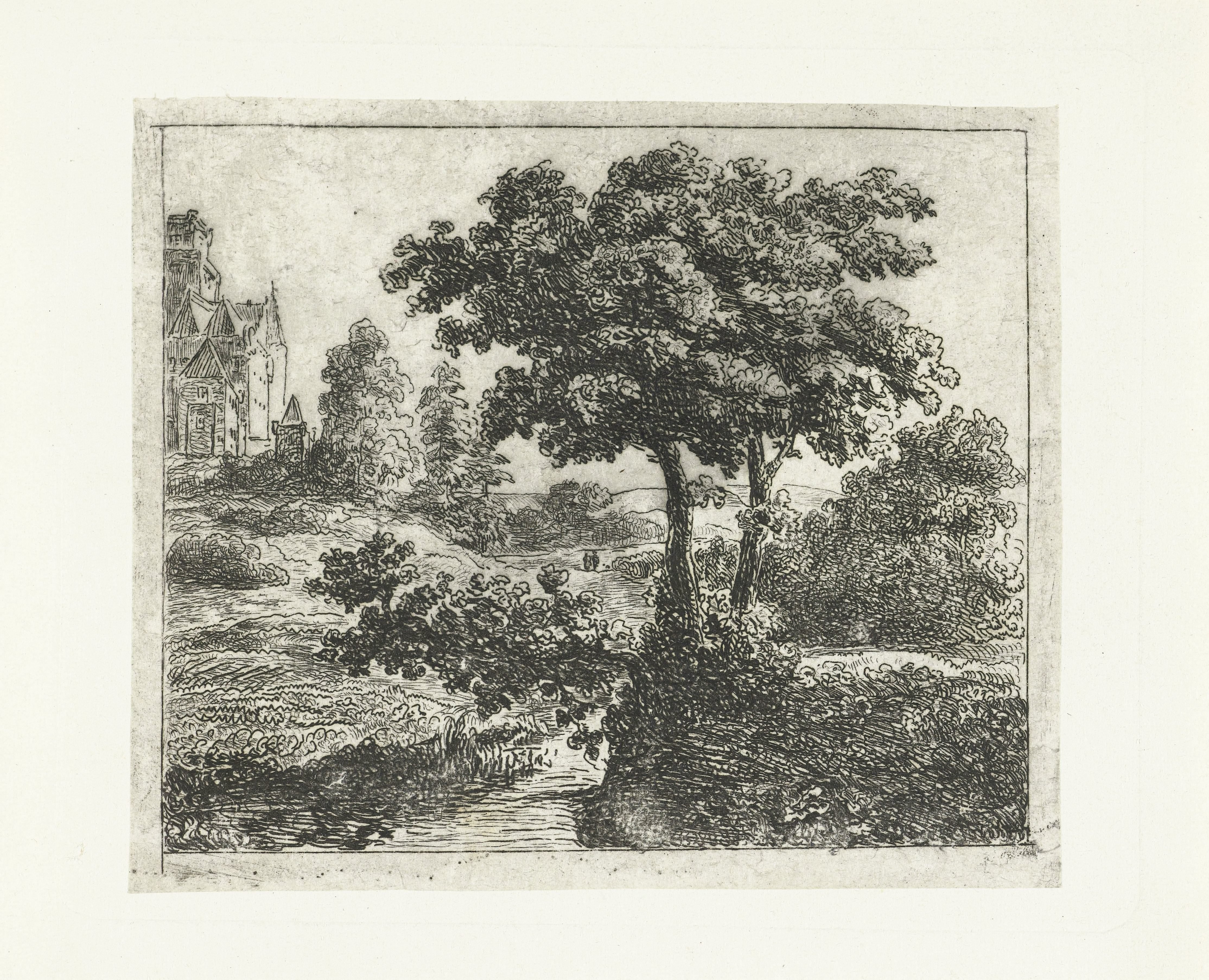 Landschap met kerk op een heuvel