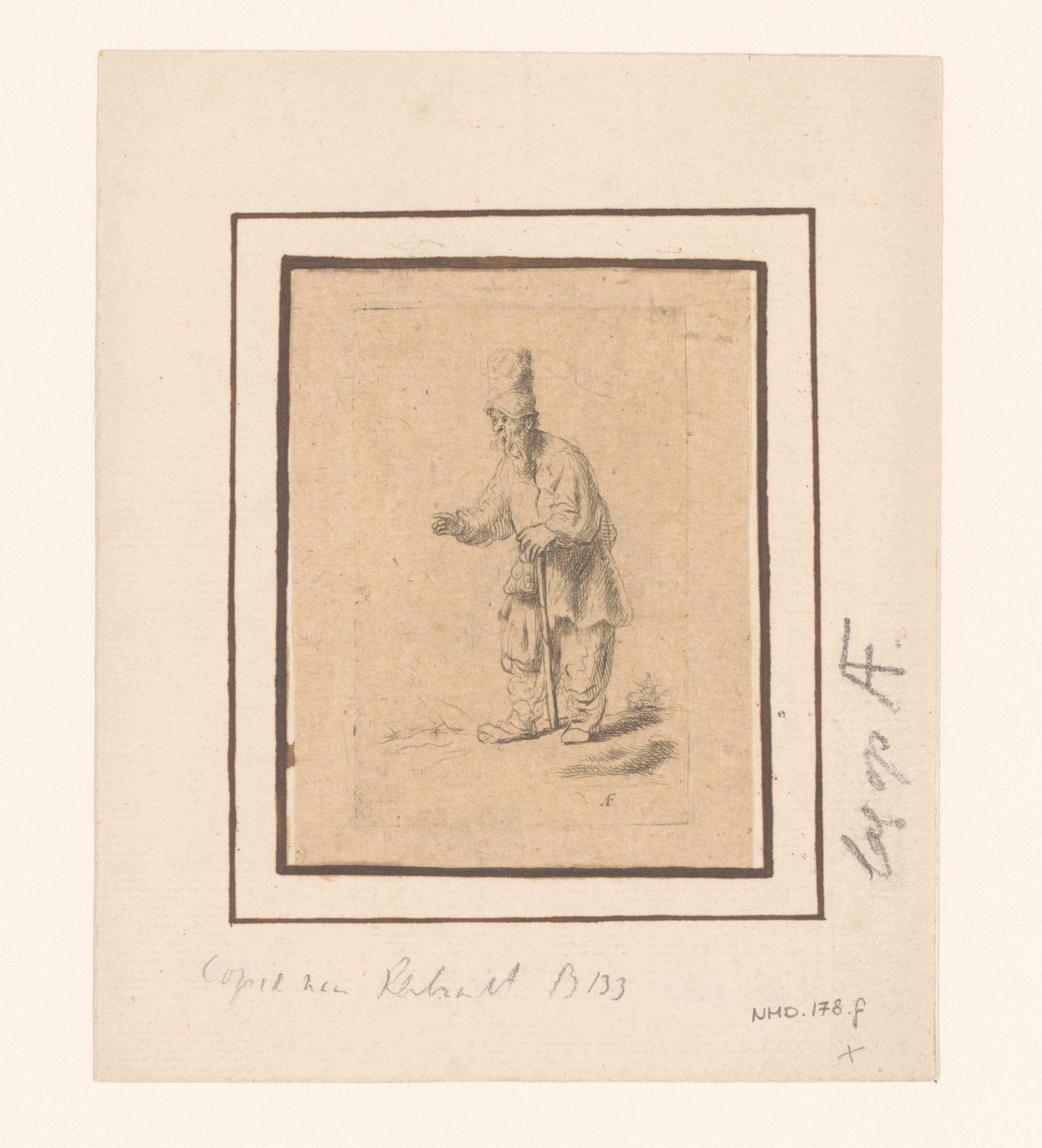A peasant in a high cap, standing leaning on a stick