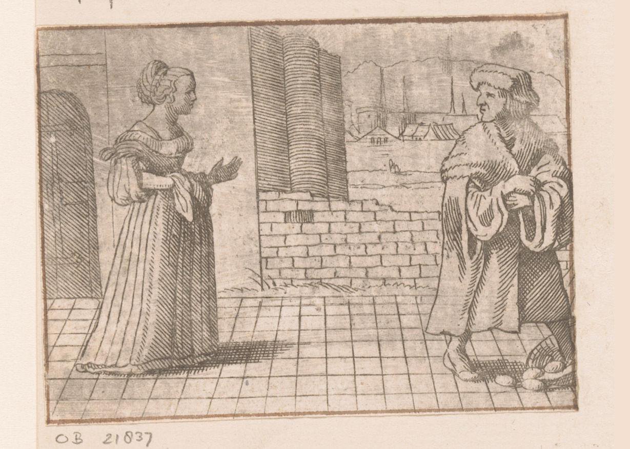 Erasmus stapt, terwijl hij zich omdraait naar een mooie vrouw, in een mand met eieren