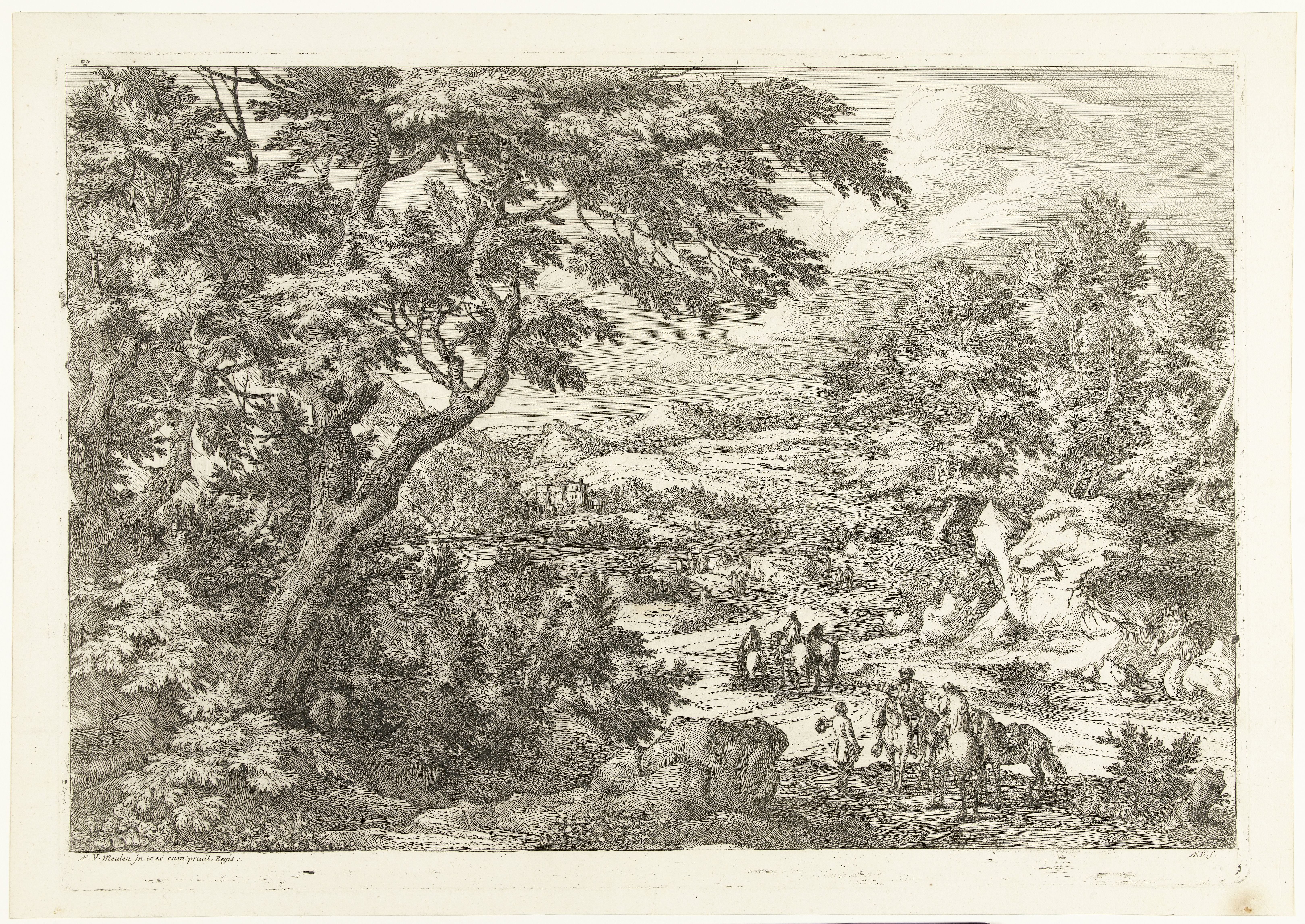 Landschap met jagers op weg naar huis, in de verte een kasteel