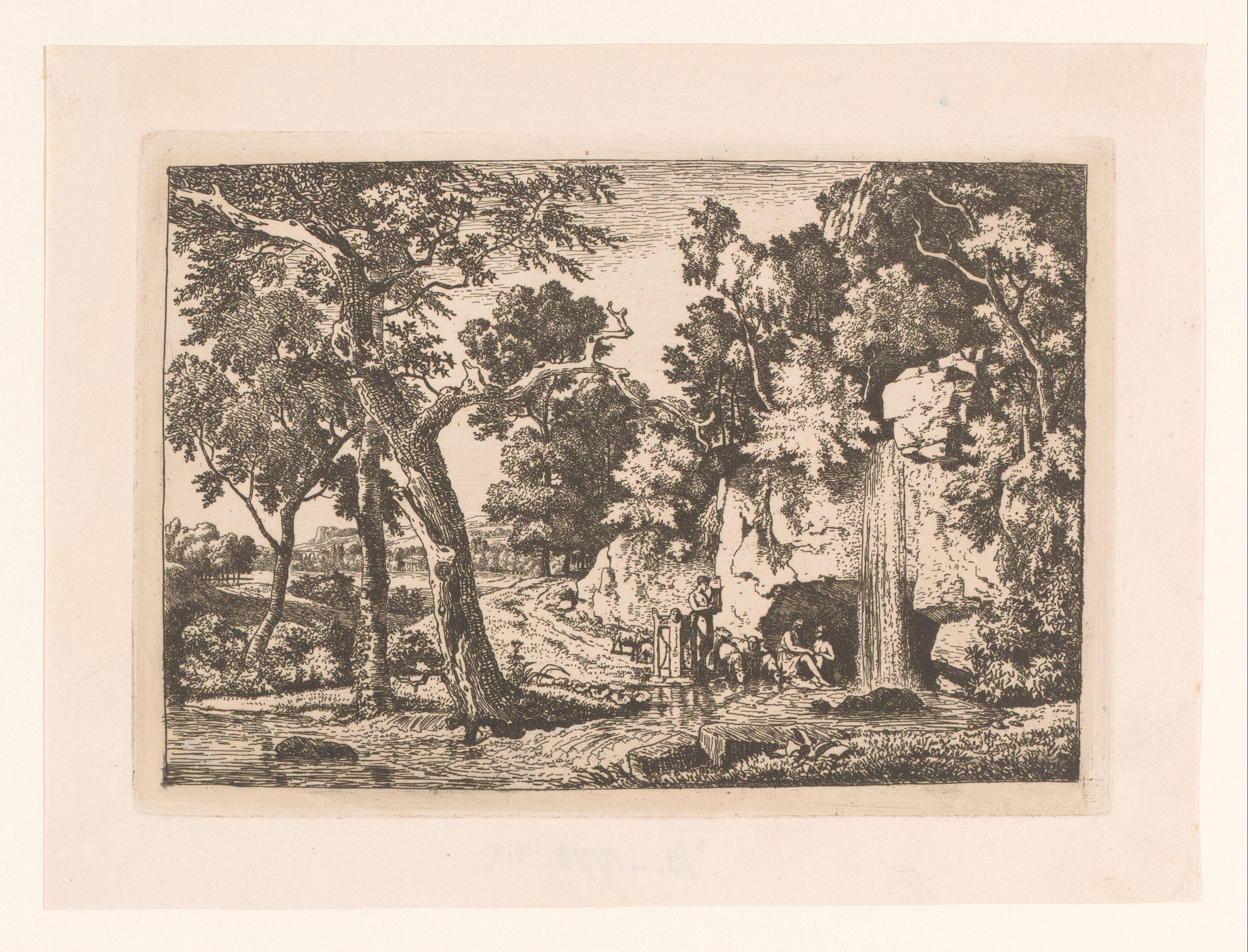 Landschap met een lierspelende herder bij een grot en waterval