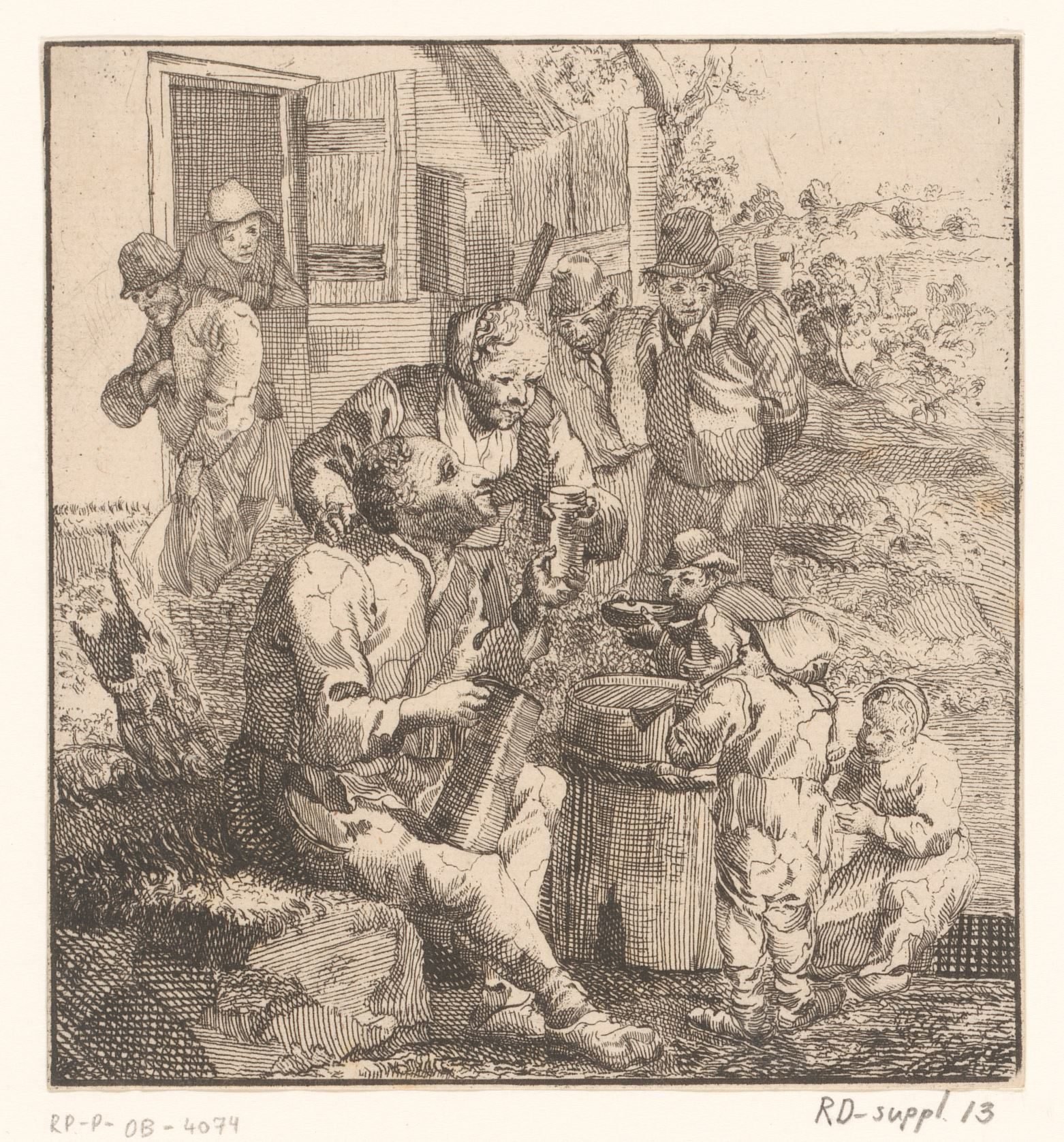 Negen figuren aan de ingang van een huis