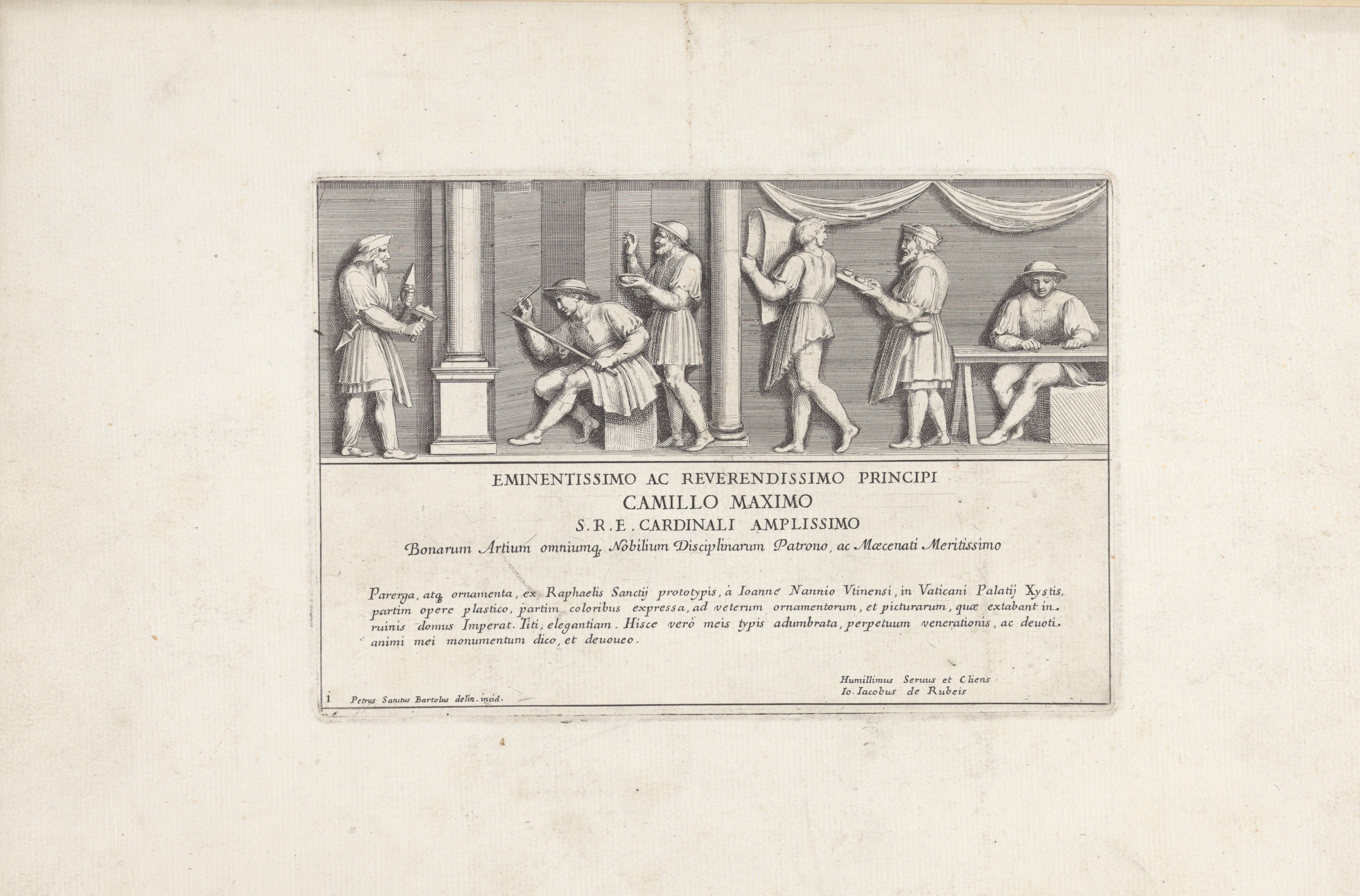 Titelprent met de assistenten van Rafaël die de Loggia in het Vaticaan decoreren