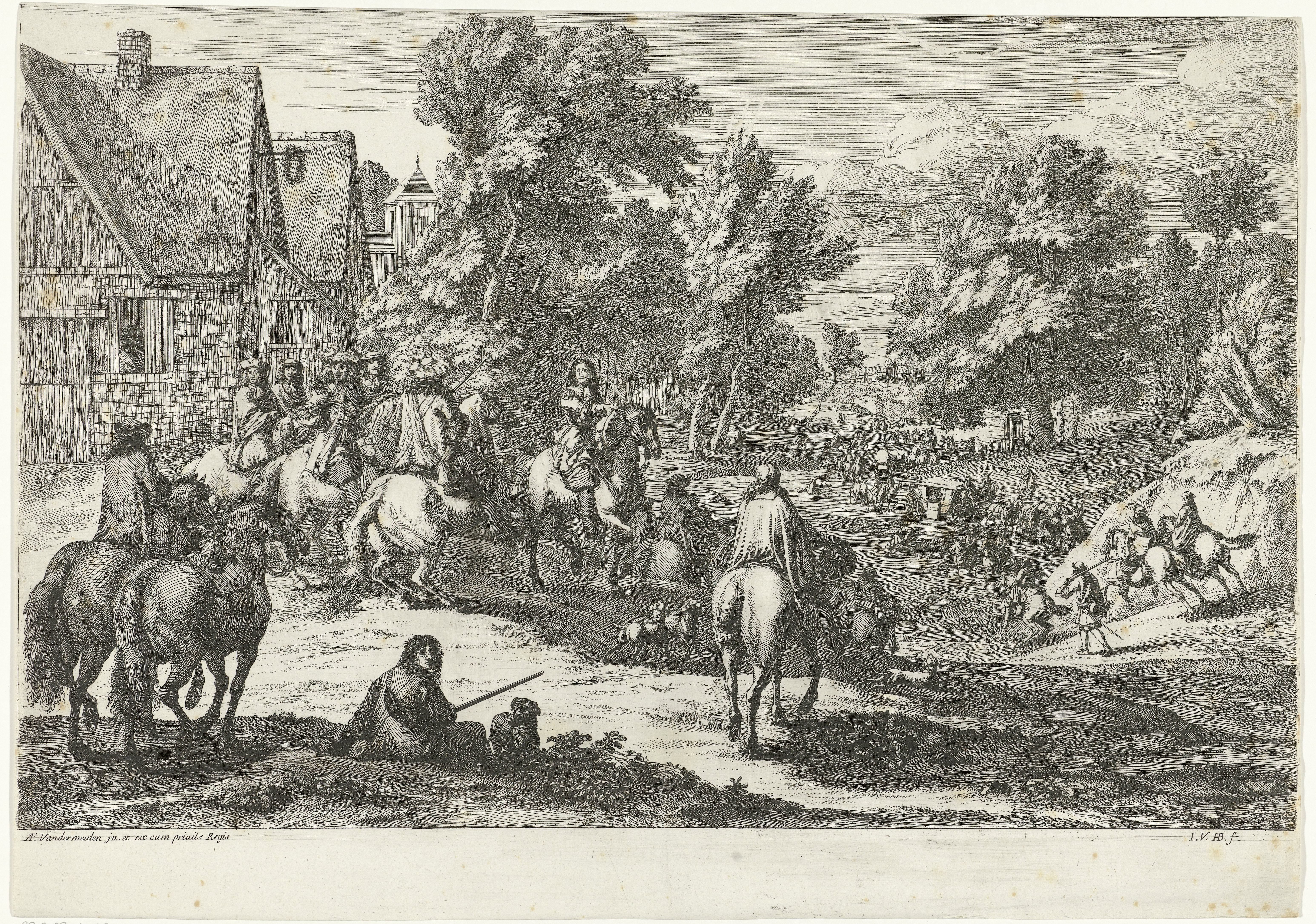 Gezicht op een dorp met ruiters op de voorgrond