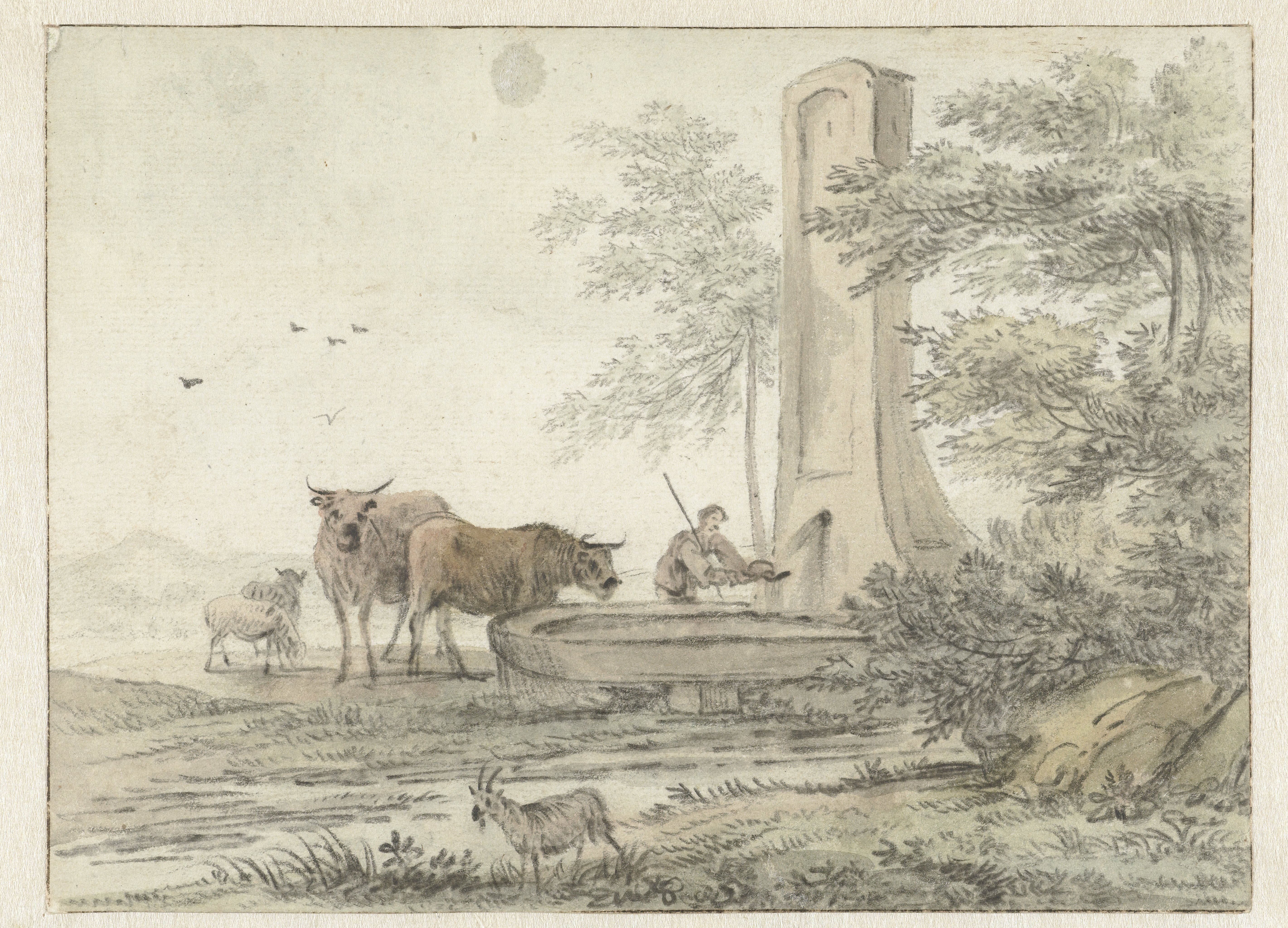 Italianate Landscape with Herder and his Cattle and Sheep at a Fountain