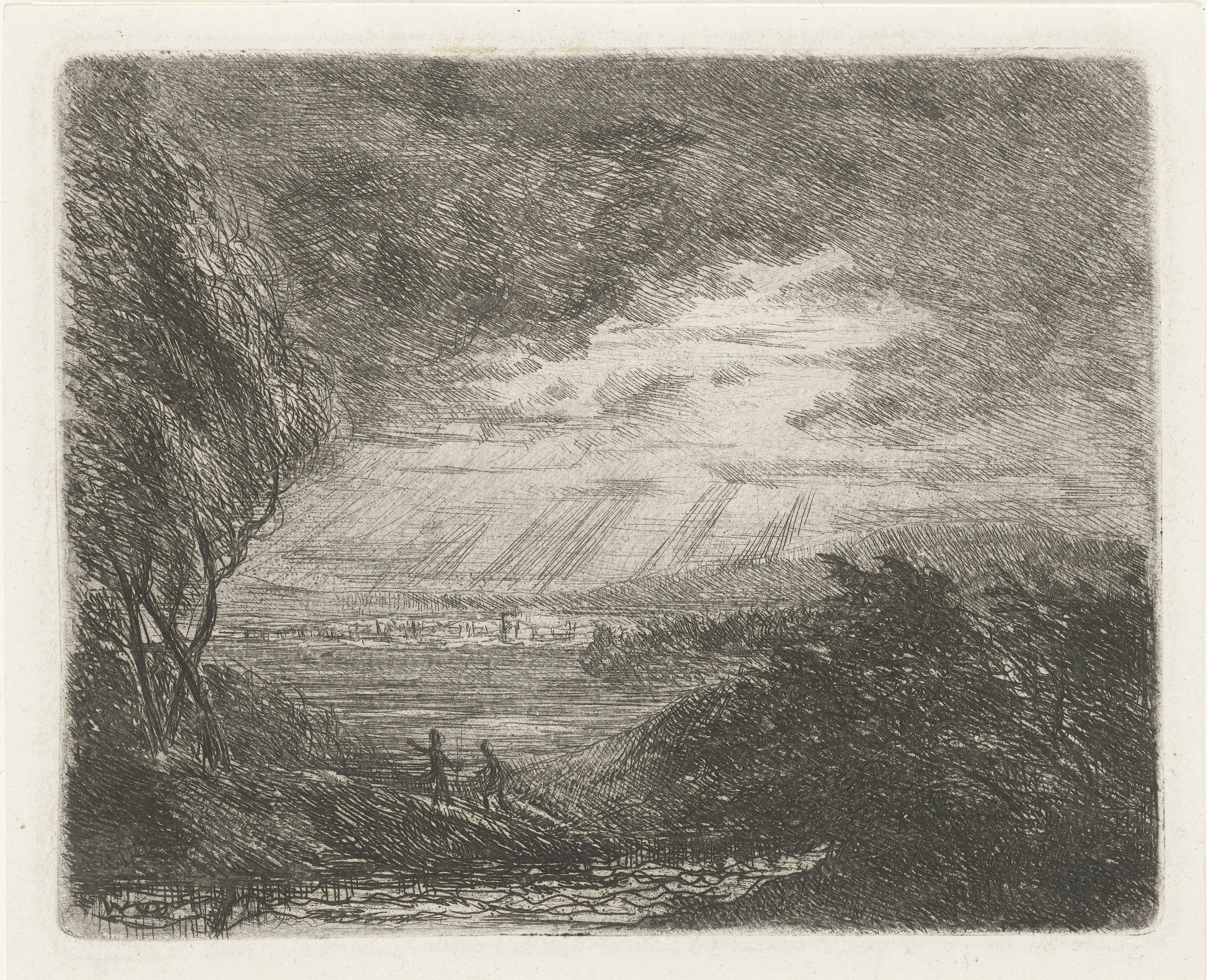 Landschap met twee figuren bij storm en regen