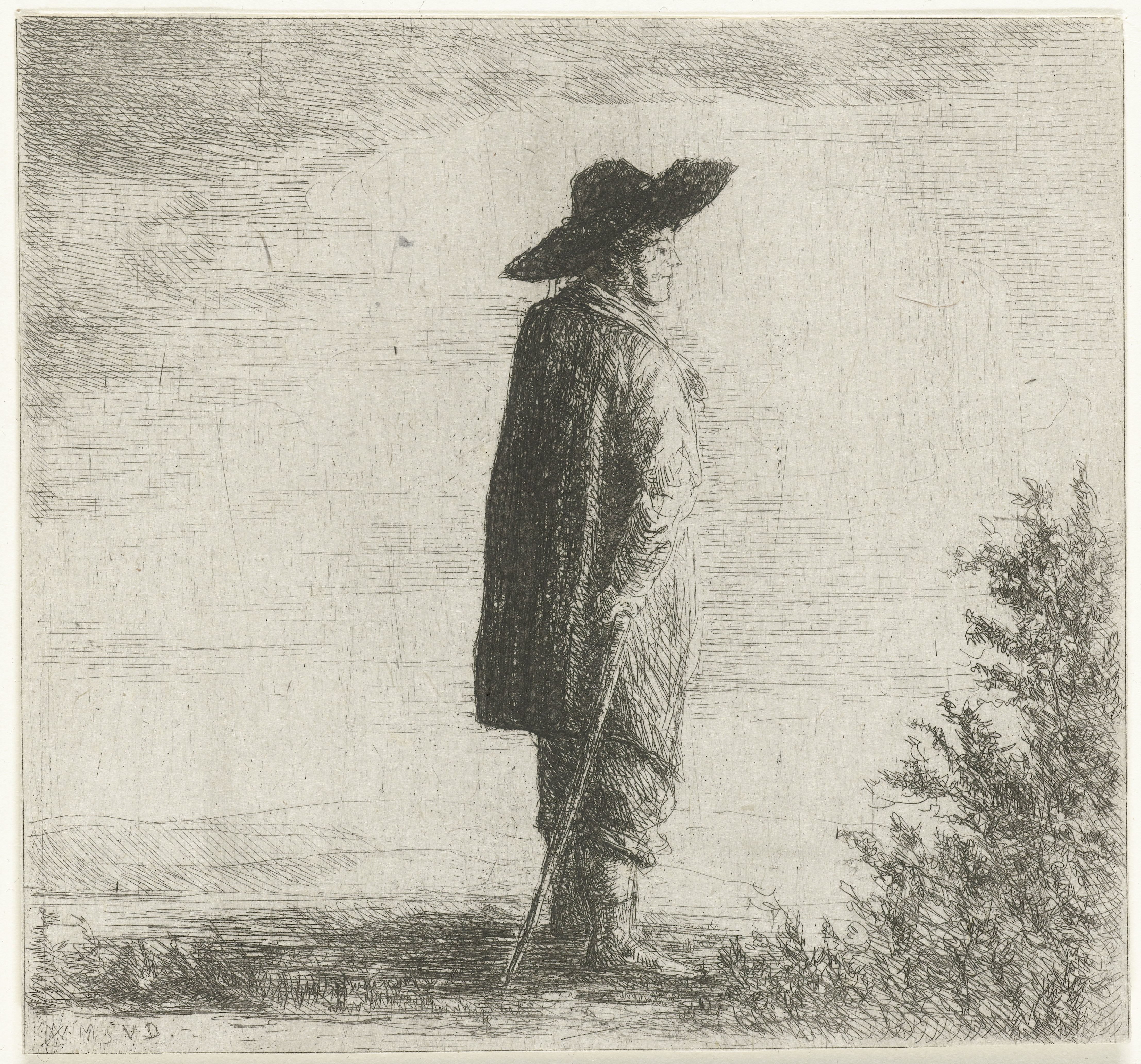 Man met hoed en stok in landschap