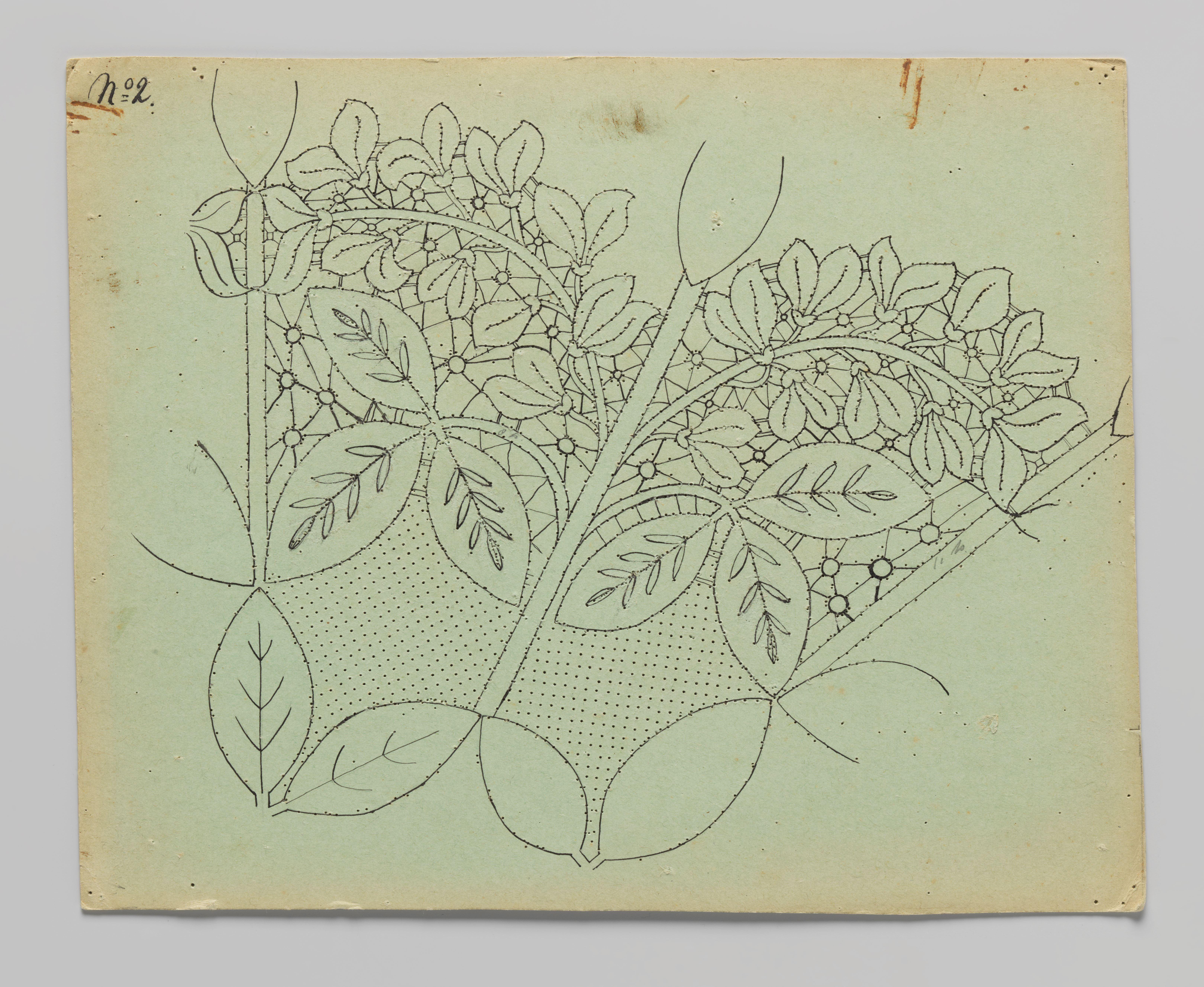 Kantpatroon voor een kleed van kloskant met goudenregentakken en -bloemen