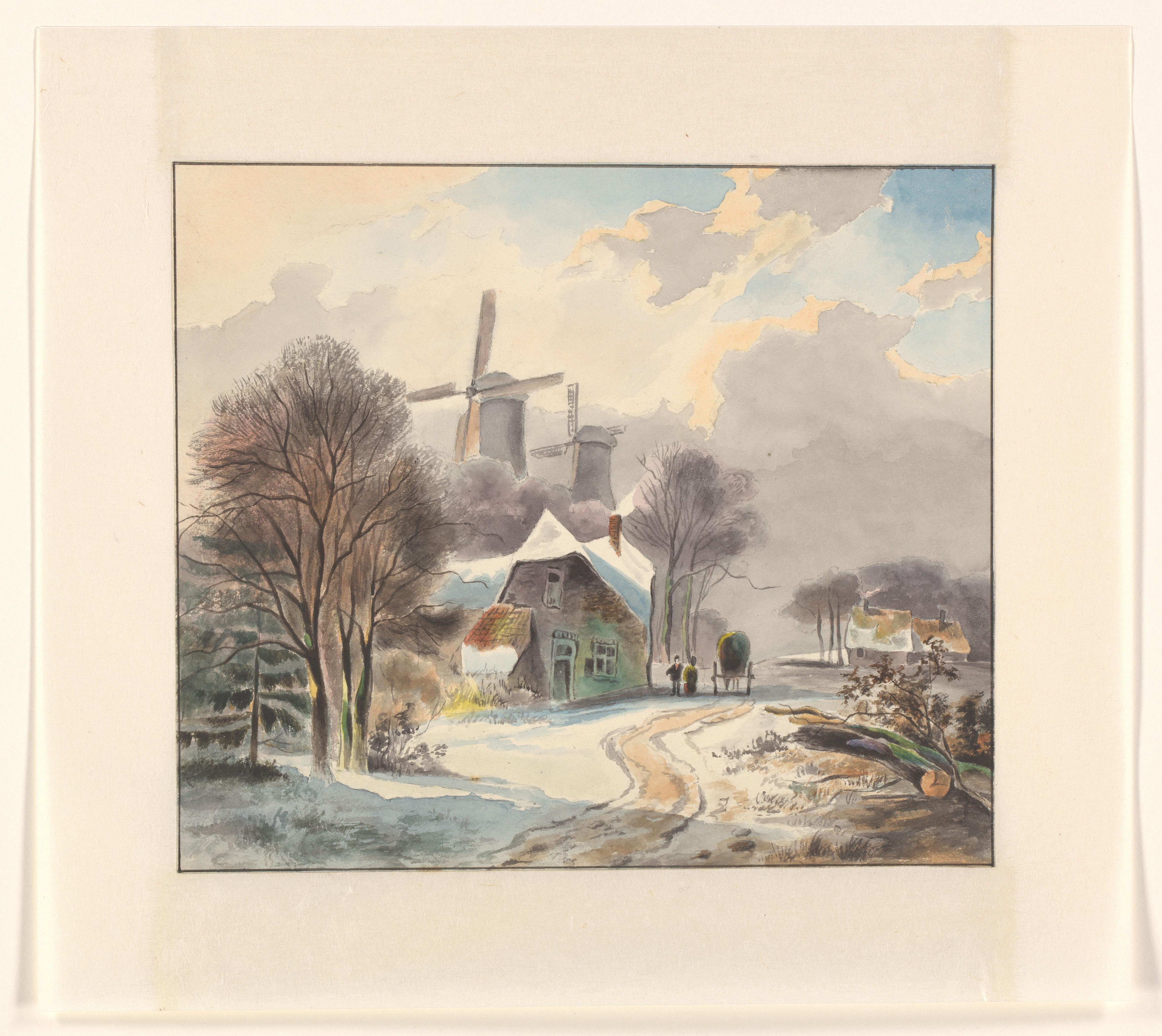Winterlandschap met boerderijen en molens