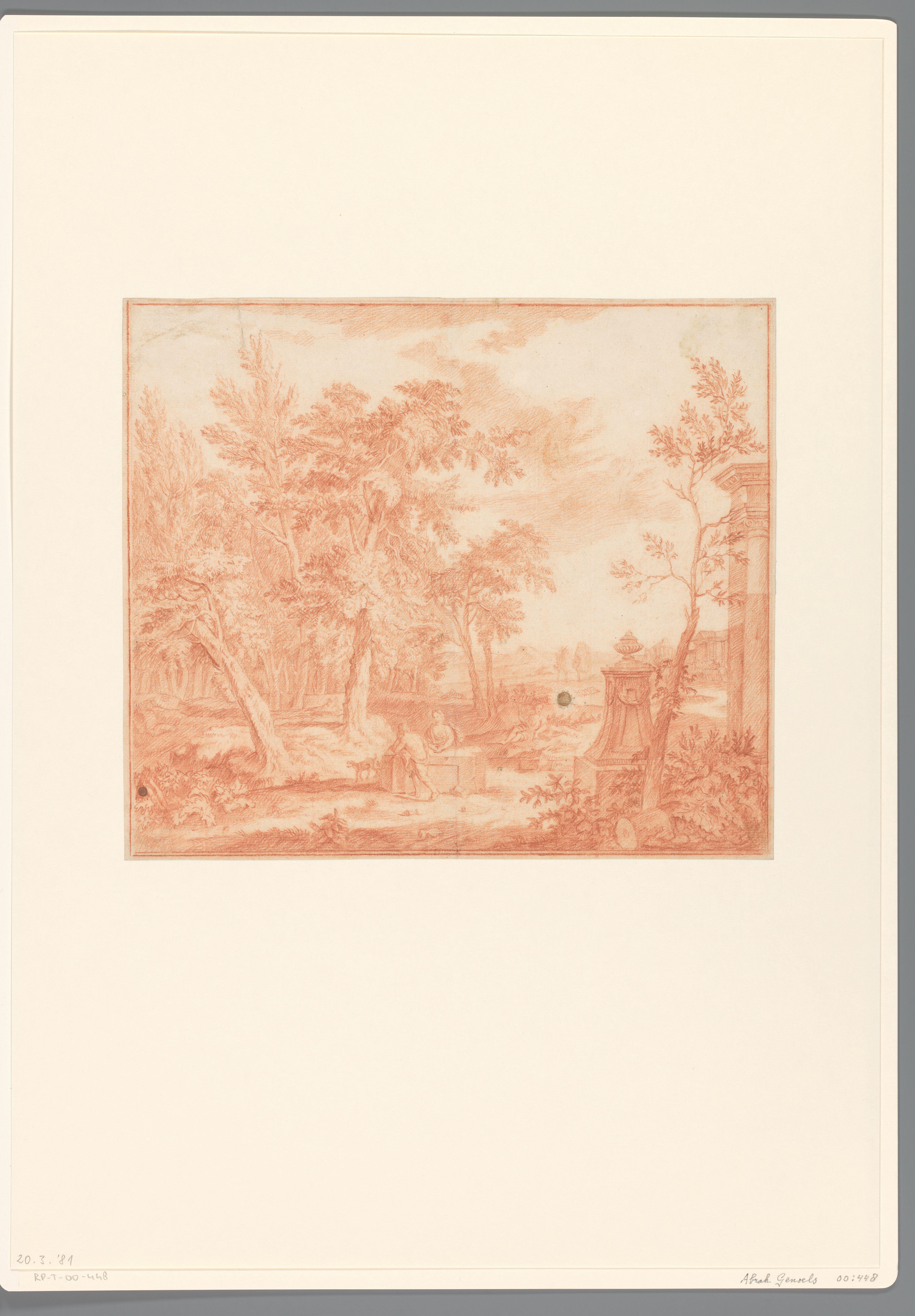 Arcadisch landschap met figuren en antieke ruïnes