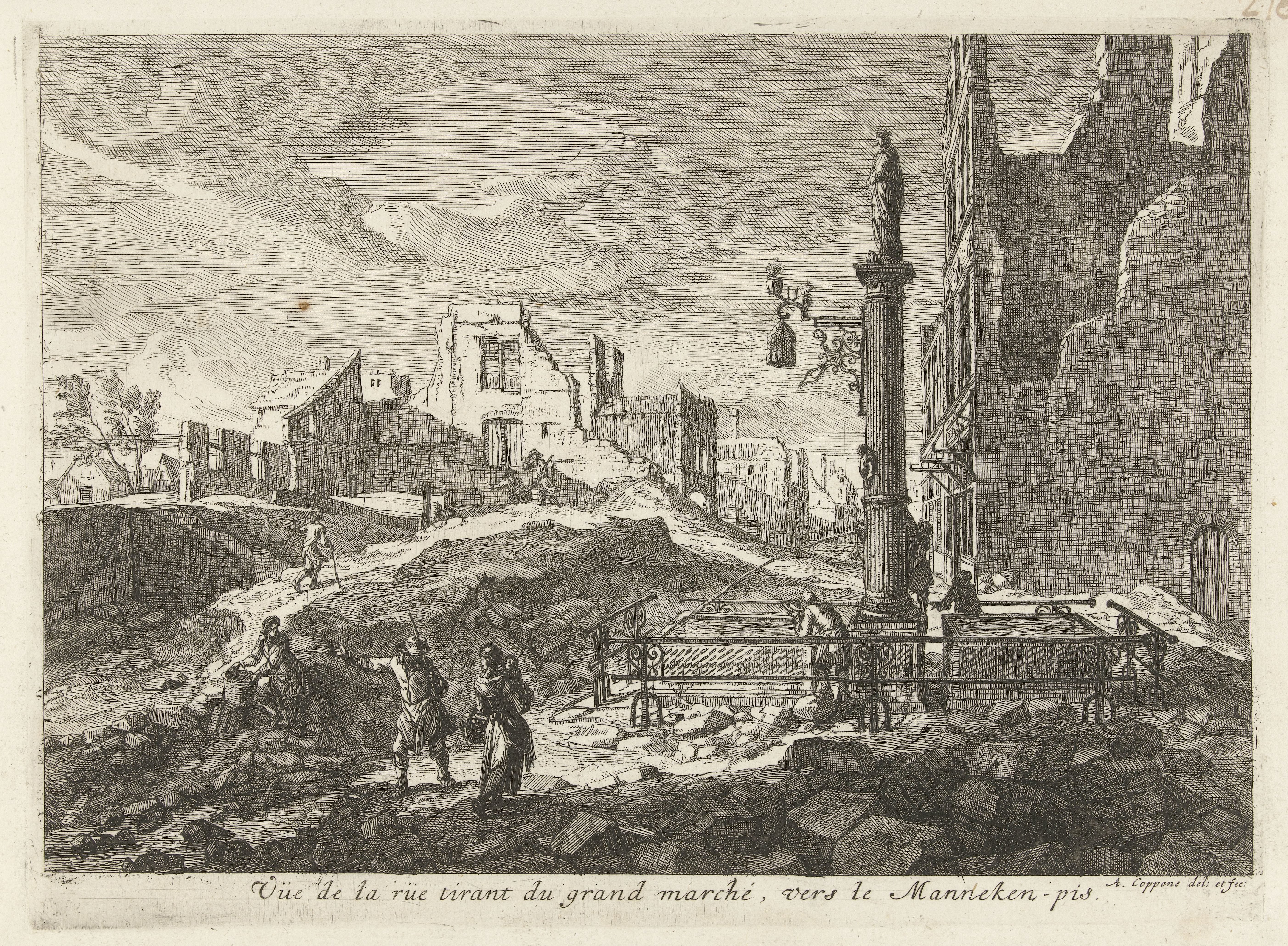 Ruïnes in een straat naar de Grote Markt bij het Manneken Pis te Brussel, 1695