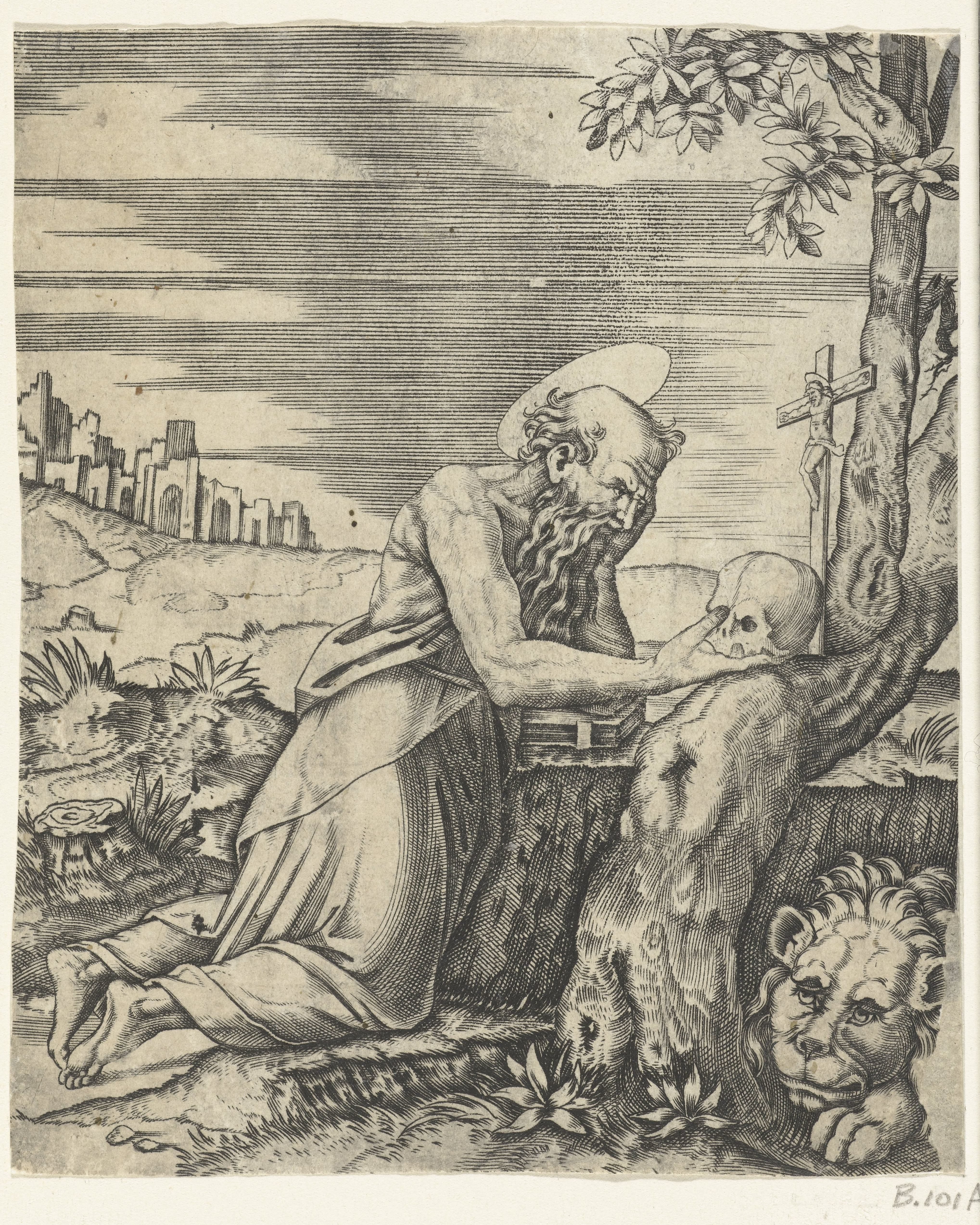 Heilige Hieronymus als boeteling in woestijn