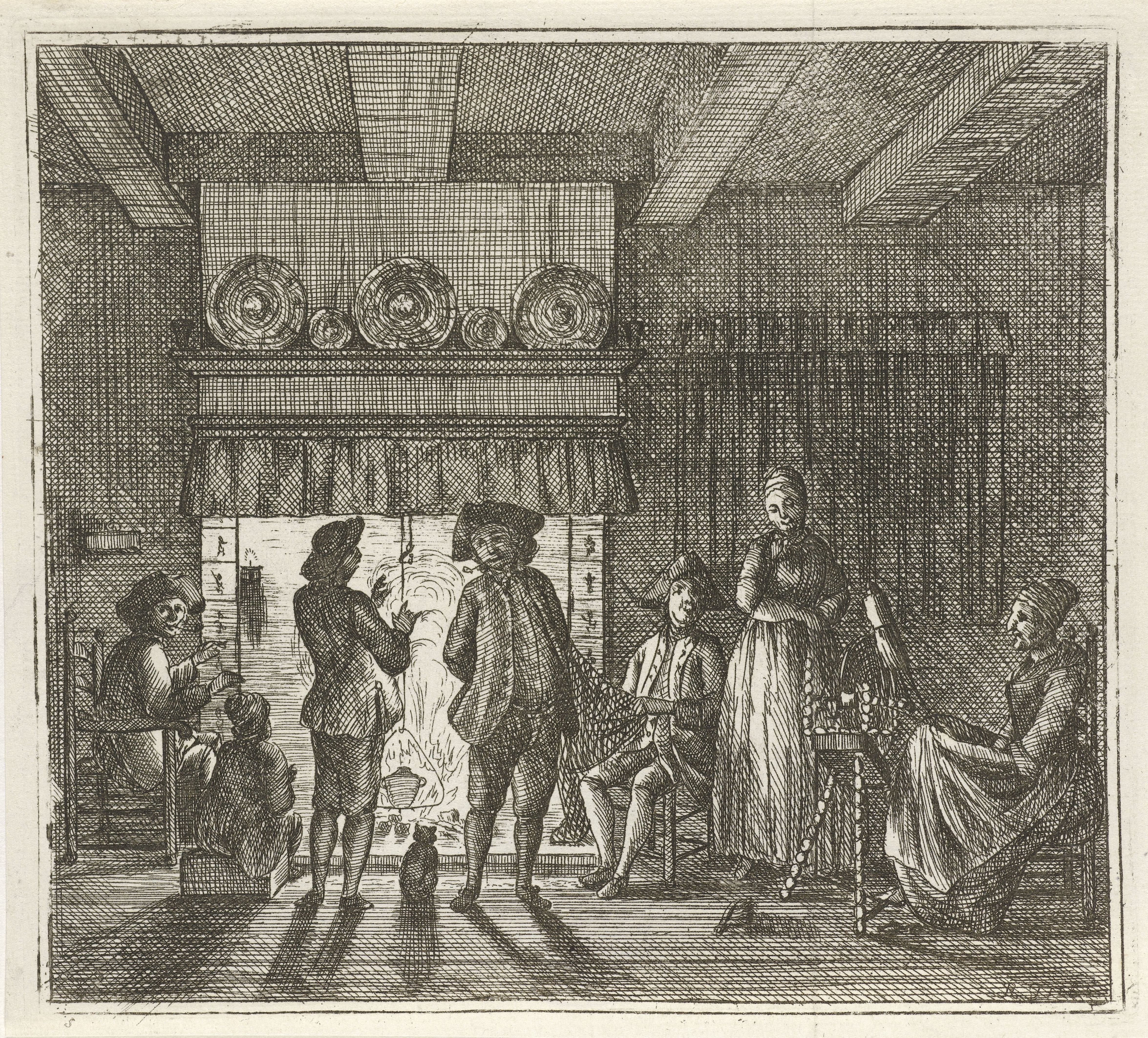 Interieur met figuren bij open haard