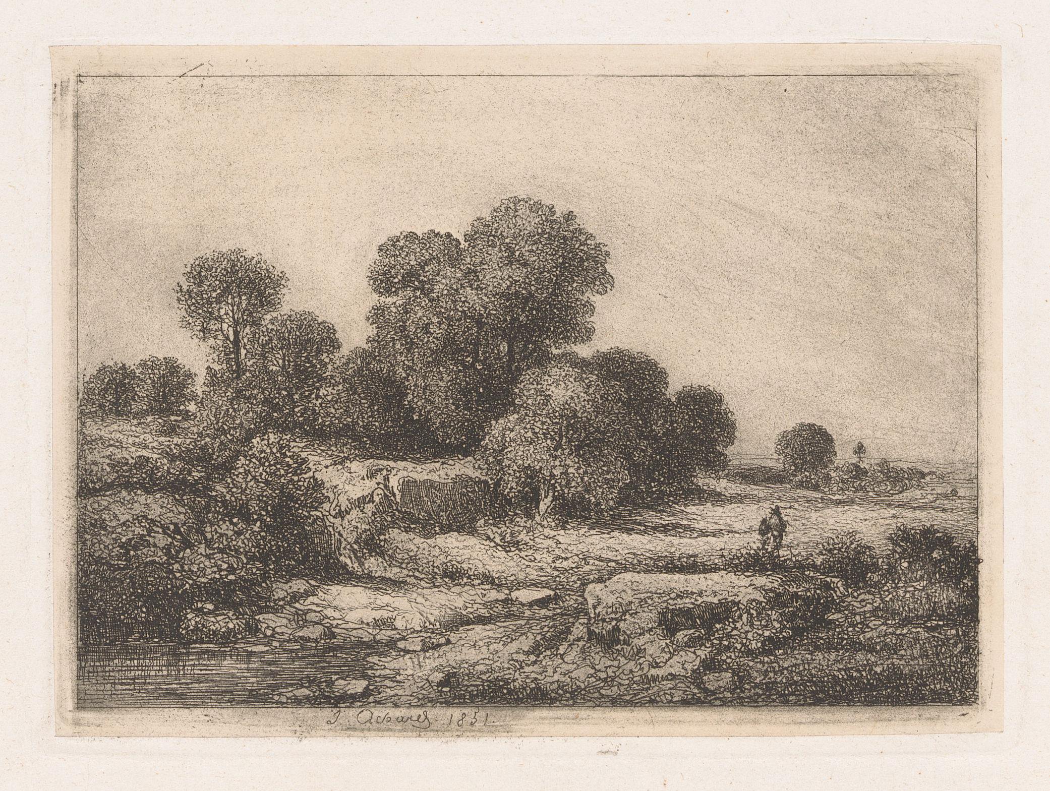 Figuren bij een rivierbedding met bomen