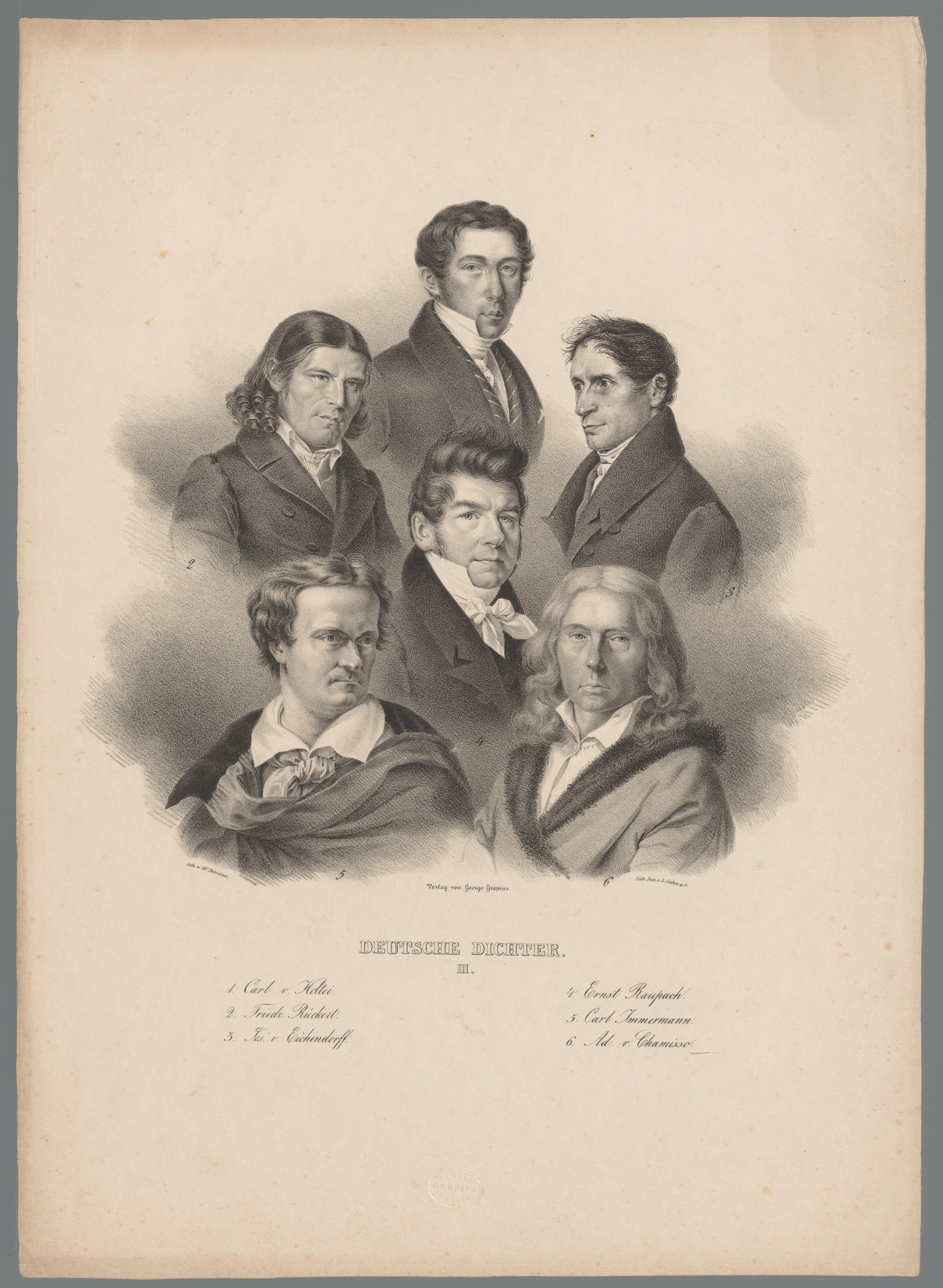 Portretten van zes Duitse dichters