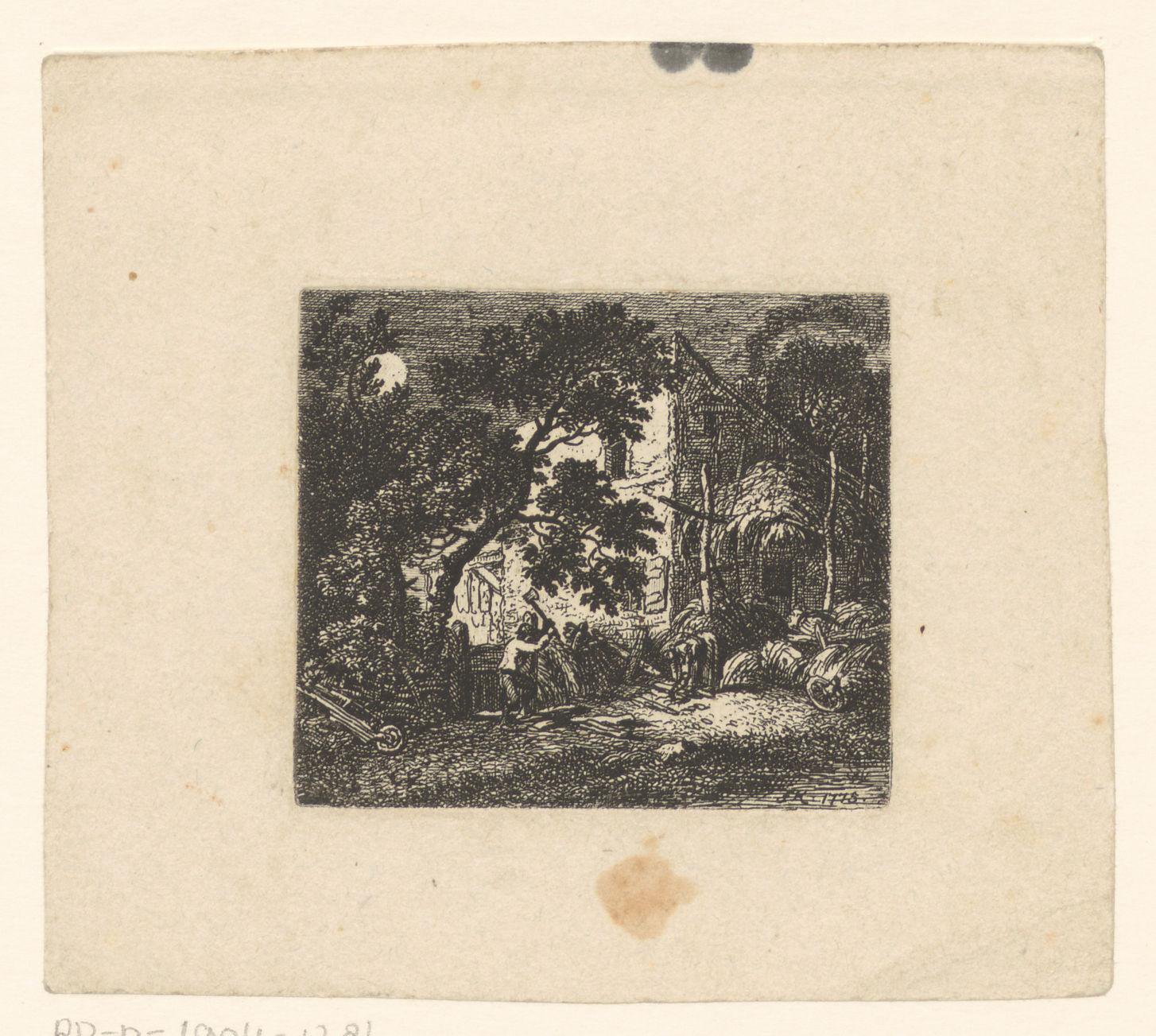 Landschap met houthakker bij een huis in het maanlicht