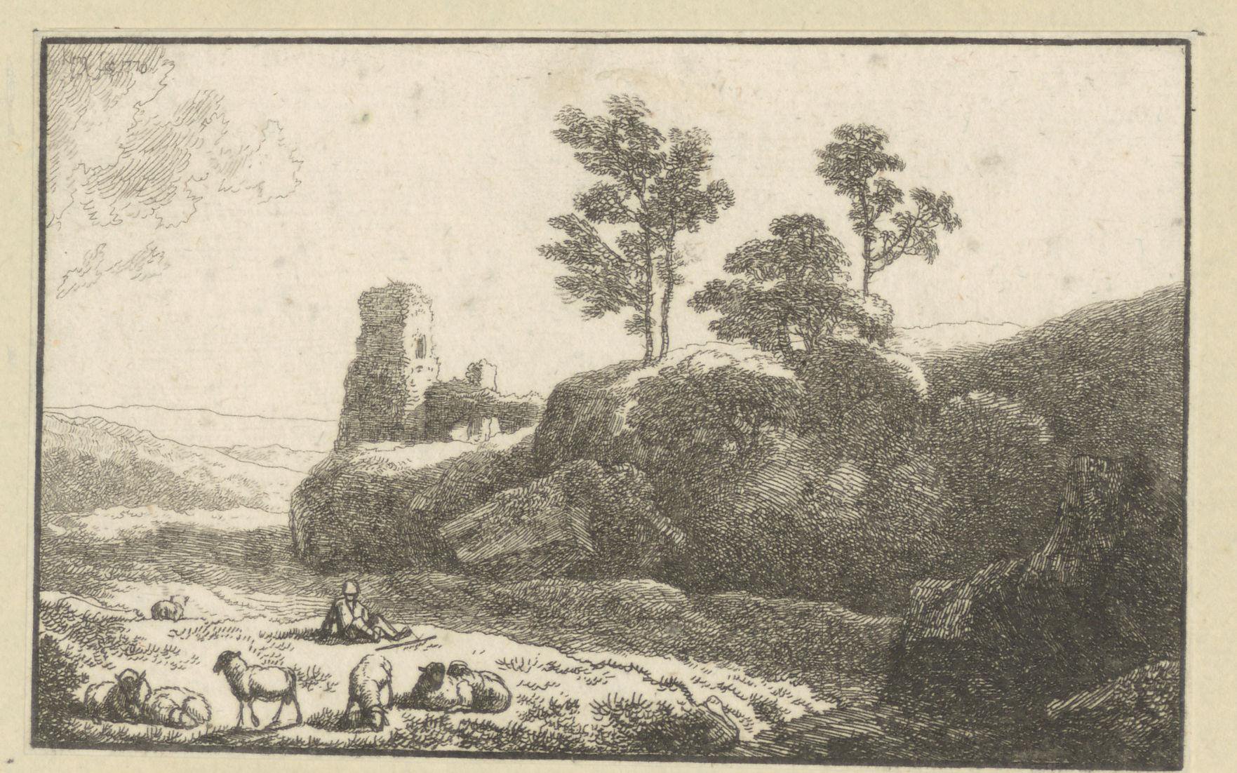 Landschap met ruïne en herder met kudde schapen