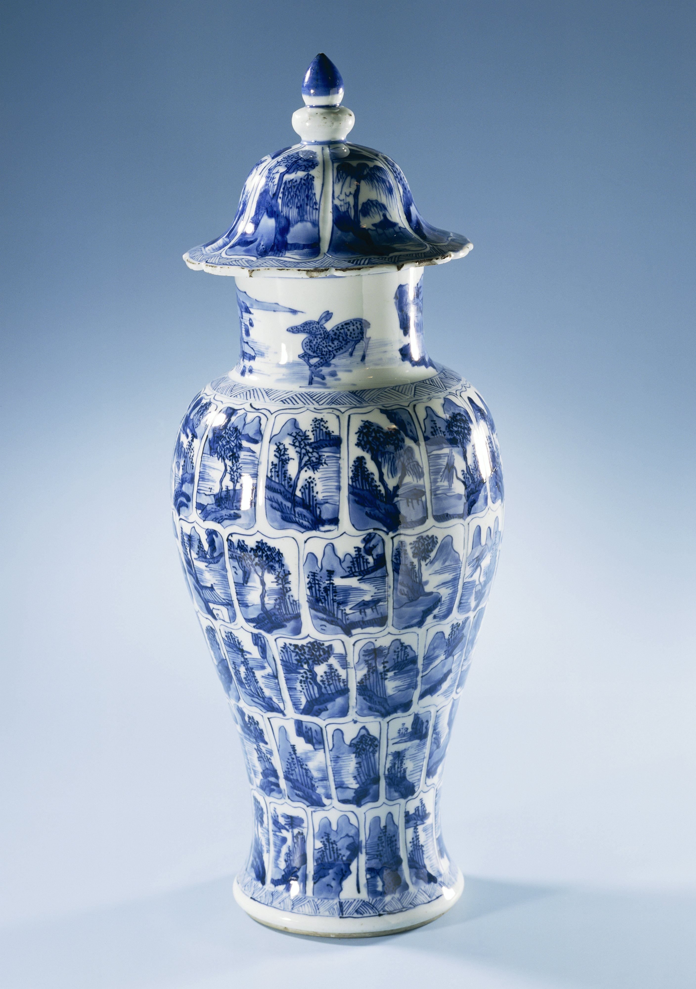 Baluster covered vase with landscapes in panels