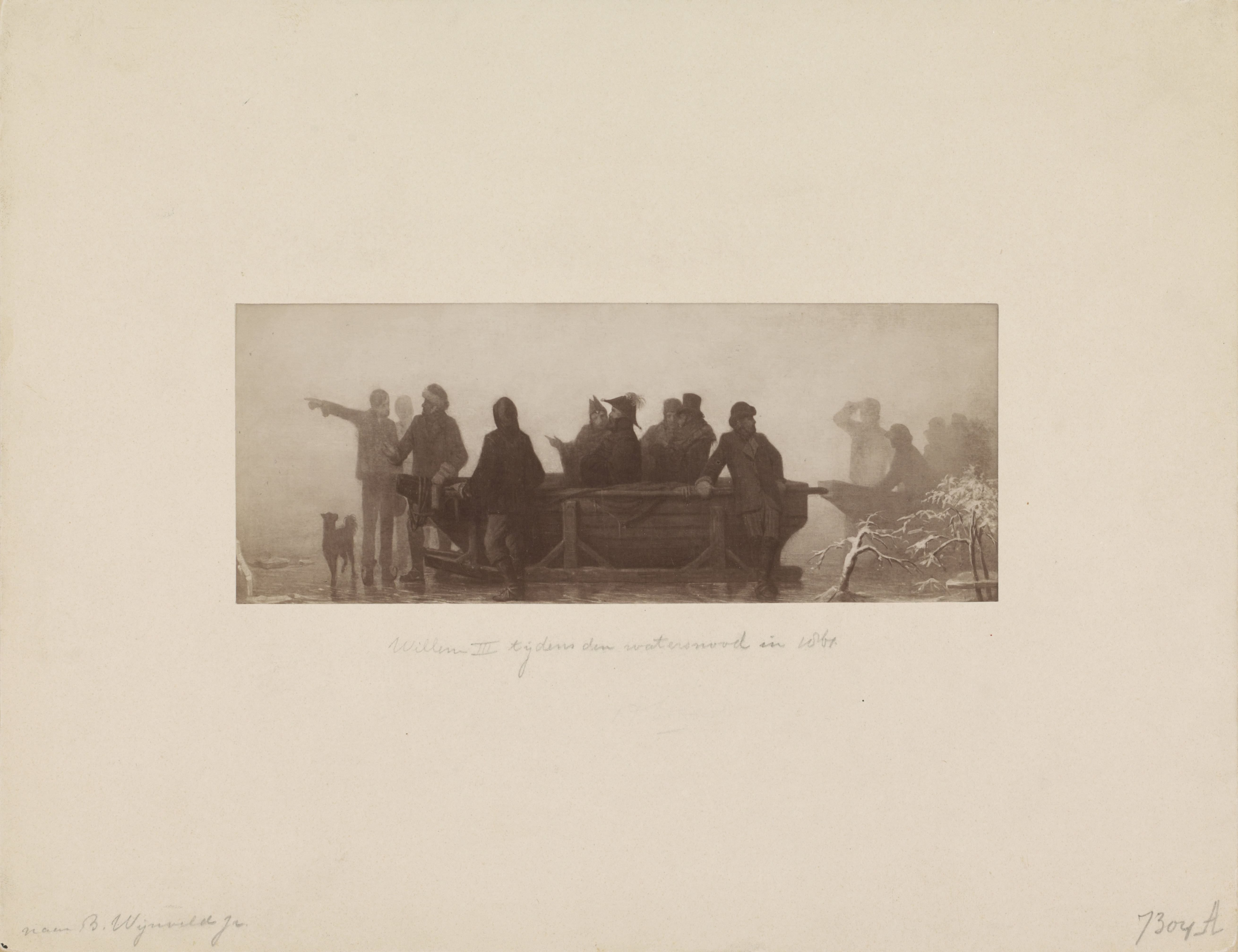 Schaatsenrijders wijzen koning Willem III de weg tijdens de watersnood in de Bommelerwaard, 1861