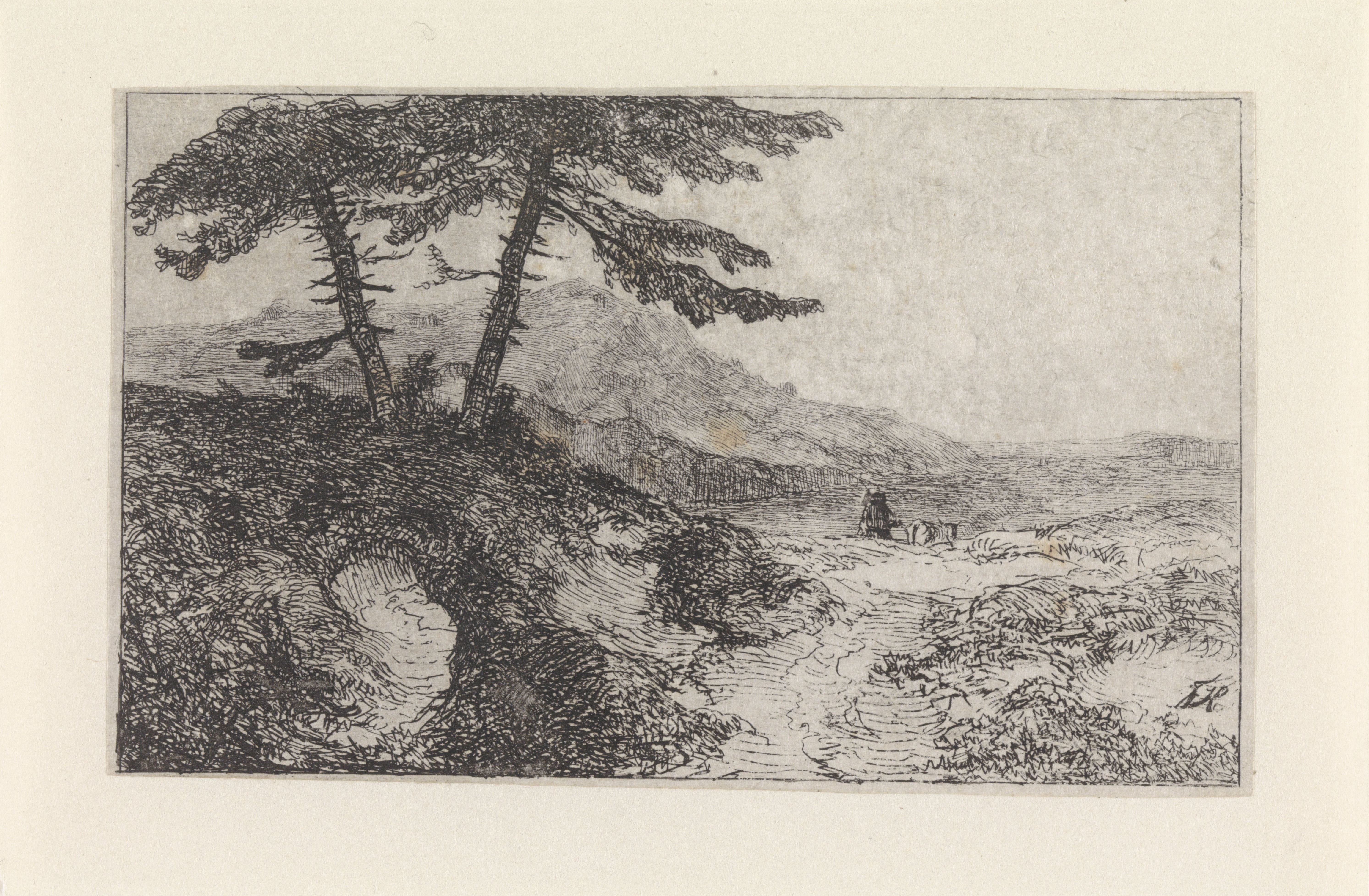 Landschap met twee dennen op een heuvel