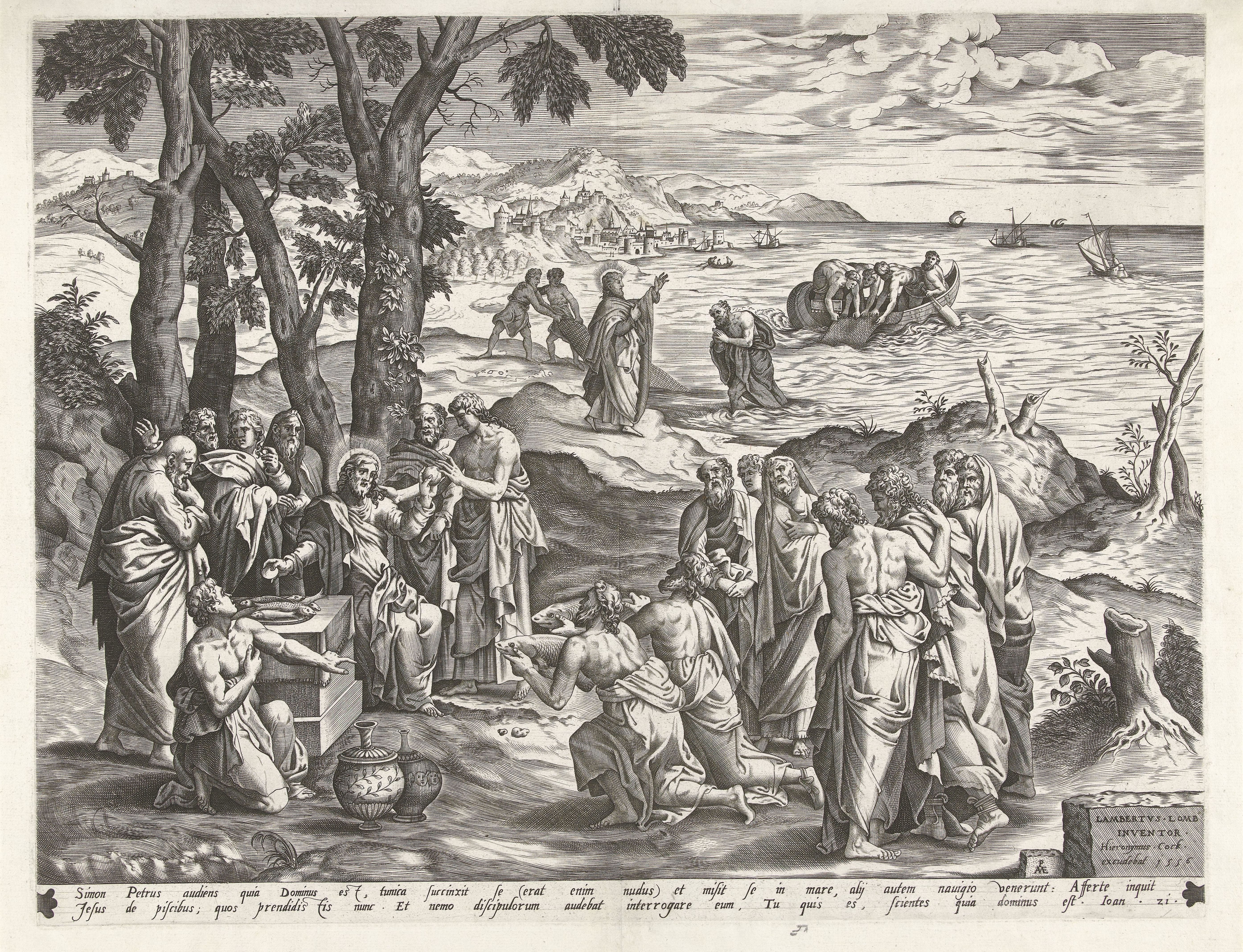 Wonderbare visvangst en maaltijd aan de oever van het meer van Galilea