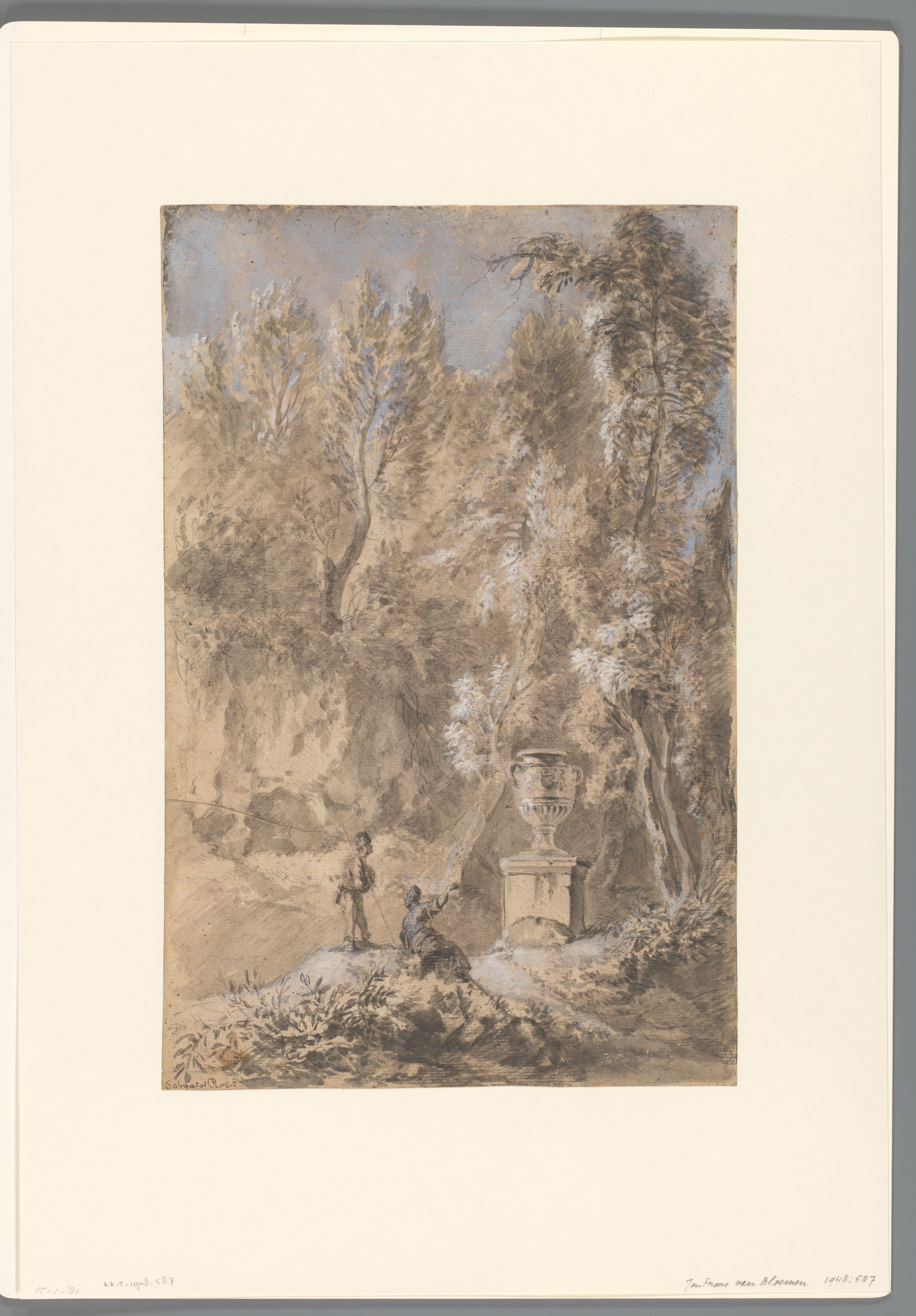 Landschap met twee figuren bij een monumentale vaas