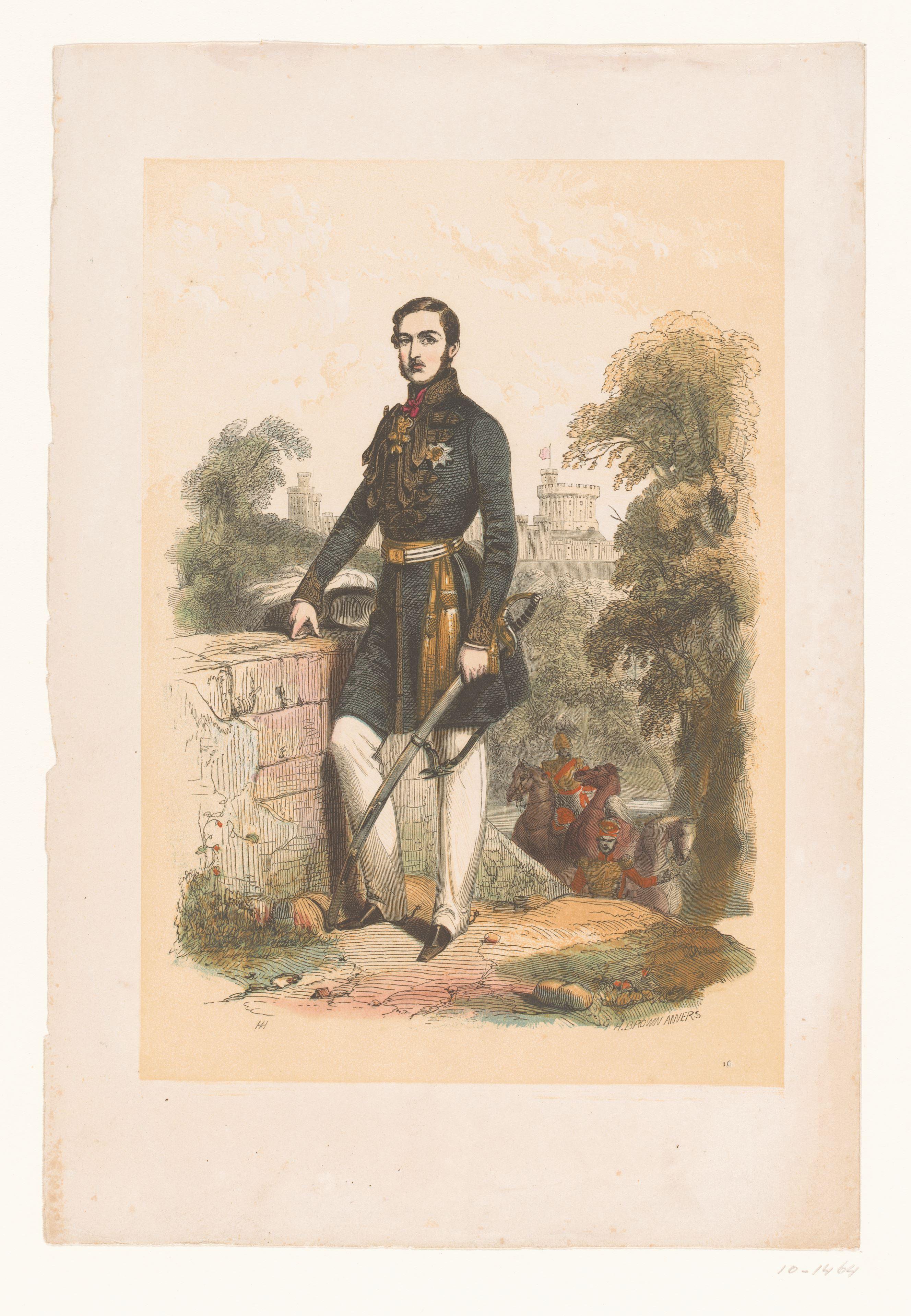 Portret van prins Albert in een landschap bij een muur
