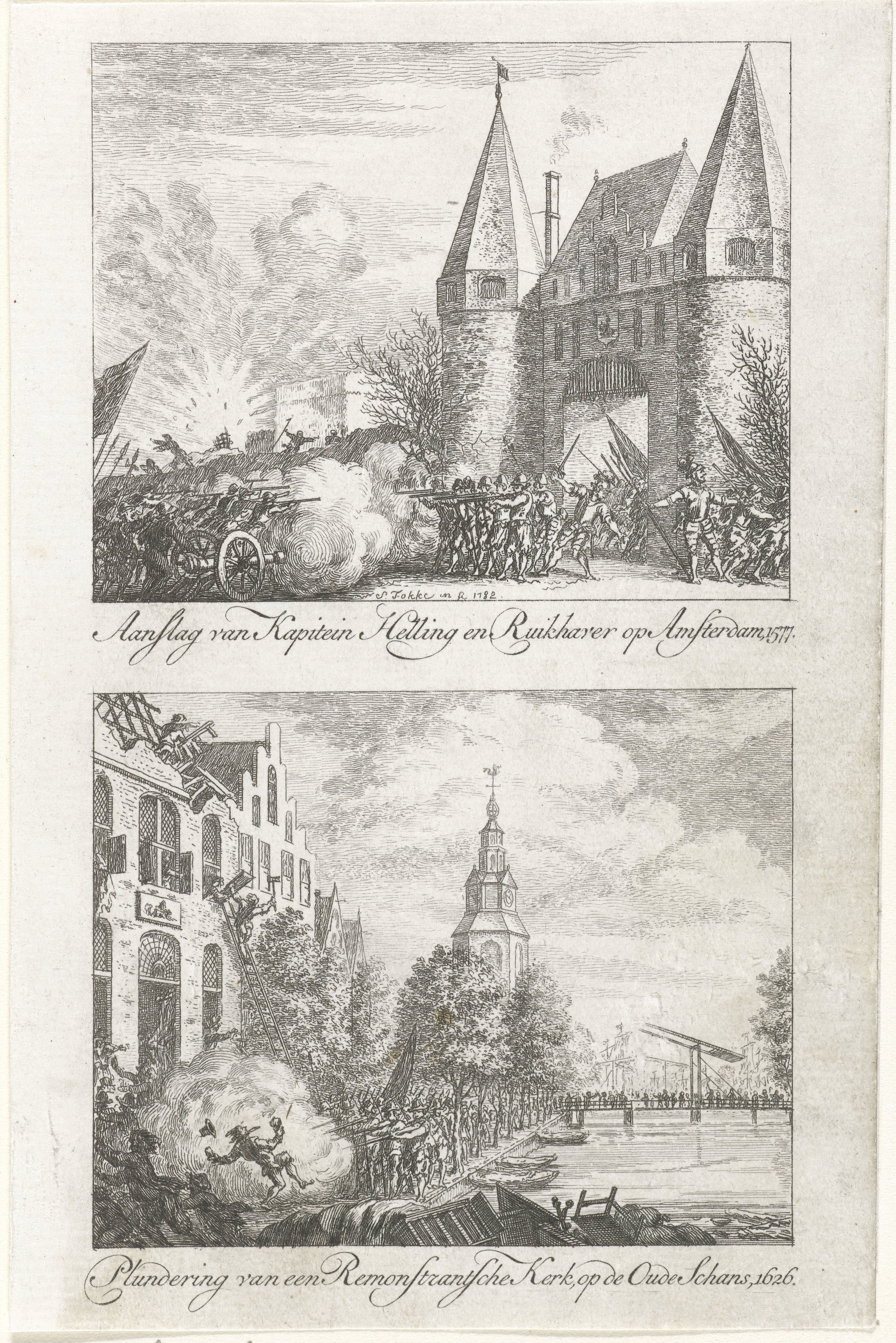 Aanslag onder bevel van kapitein Helling en Ruychaver op Amsterdam, 1577, en plundering van een Remonstrante kerk op de Oude Schans, 1626