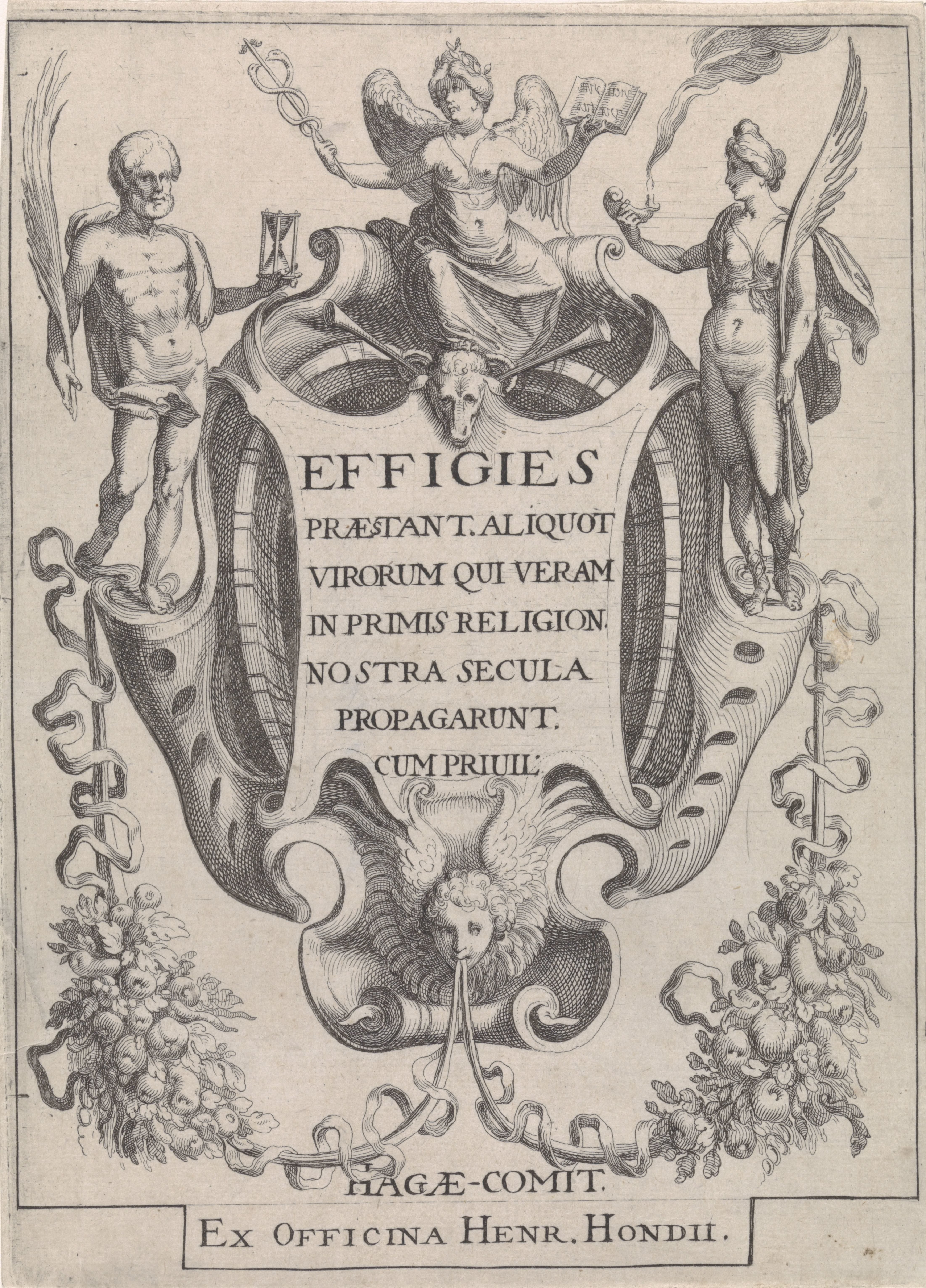 Cartouche met guirlandes en figuren
