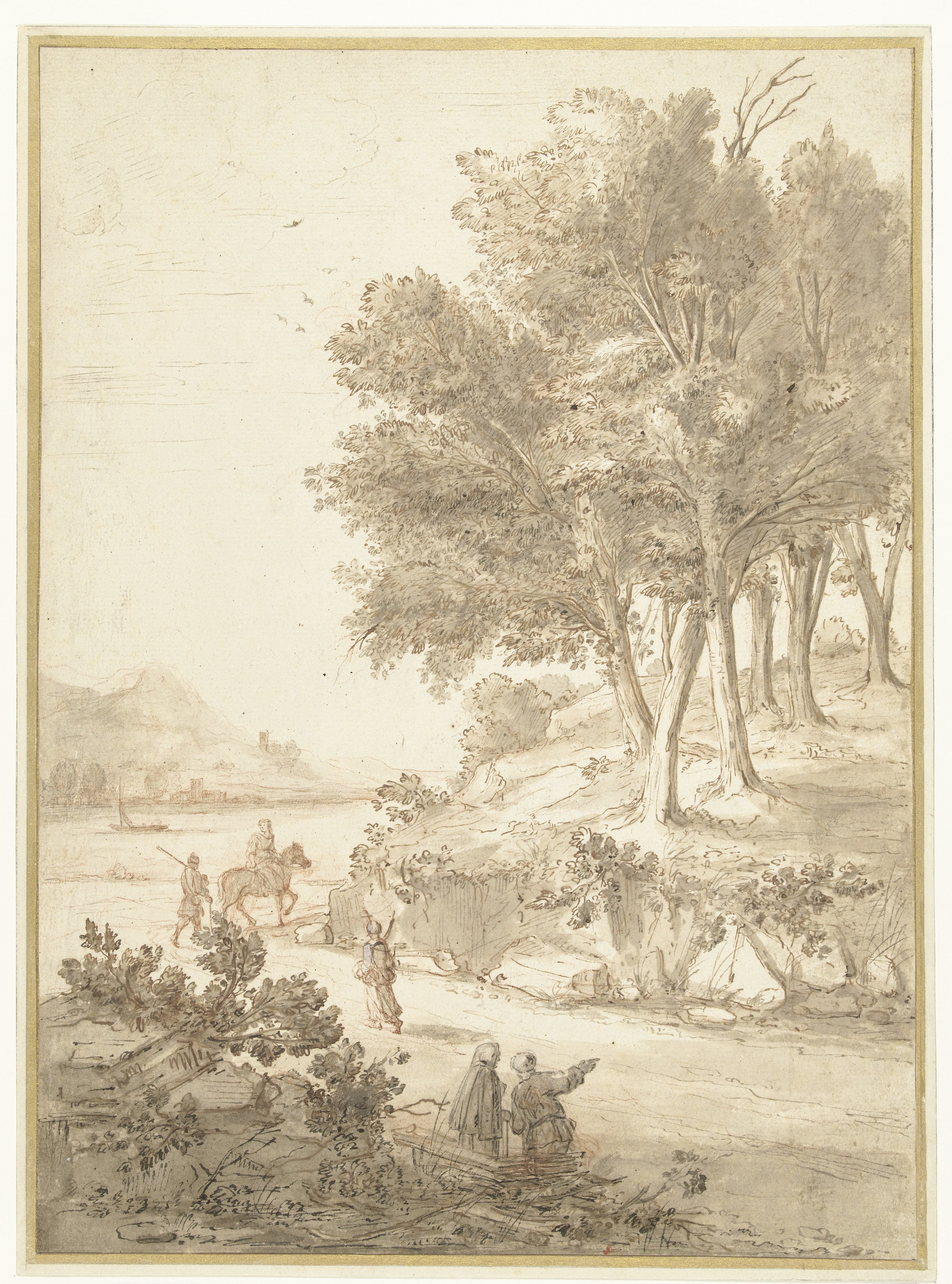 Italianate Landscape with Figures along a Road and a River in the Background