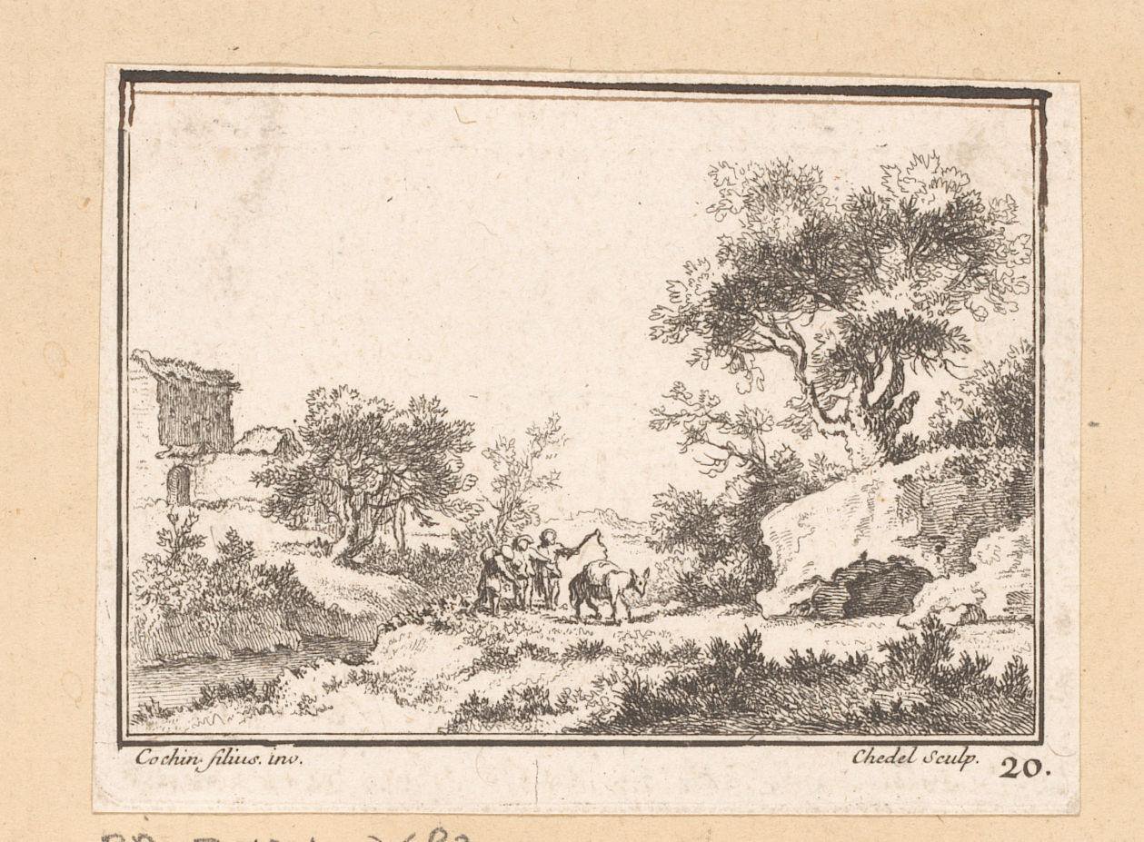 Landschap met drie figuren met een ezel op een pad