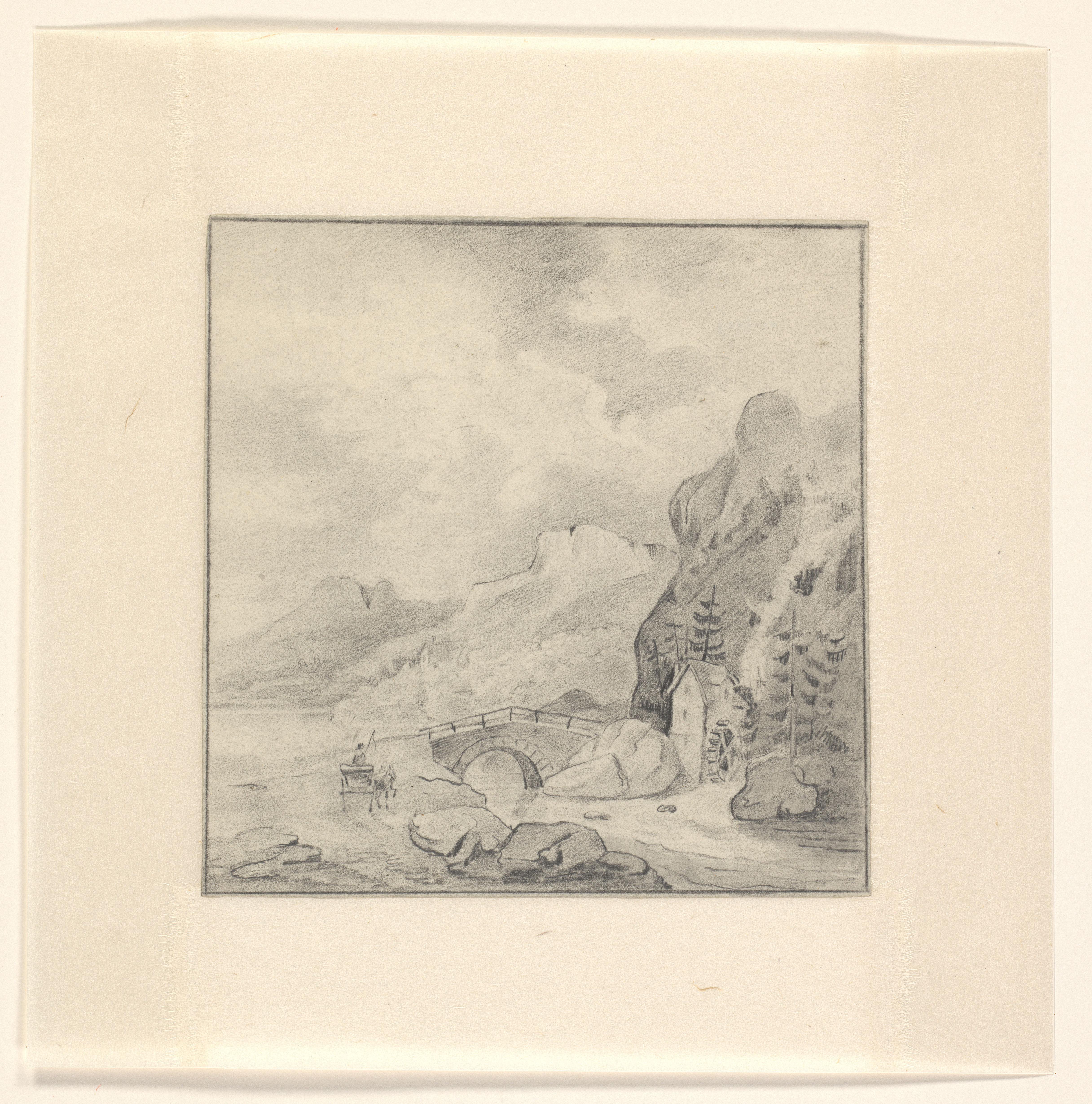 Berglandschap met watermolen en stenen brug