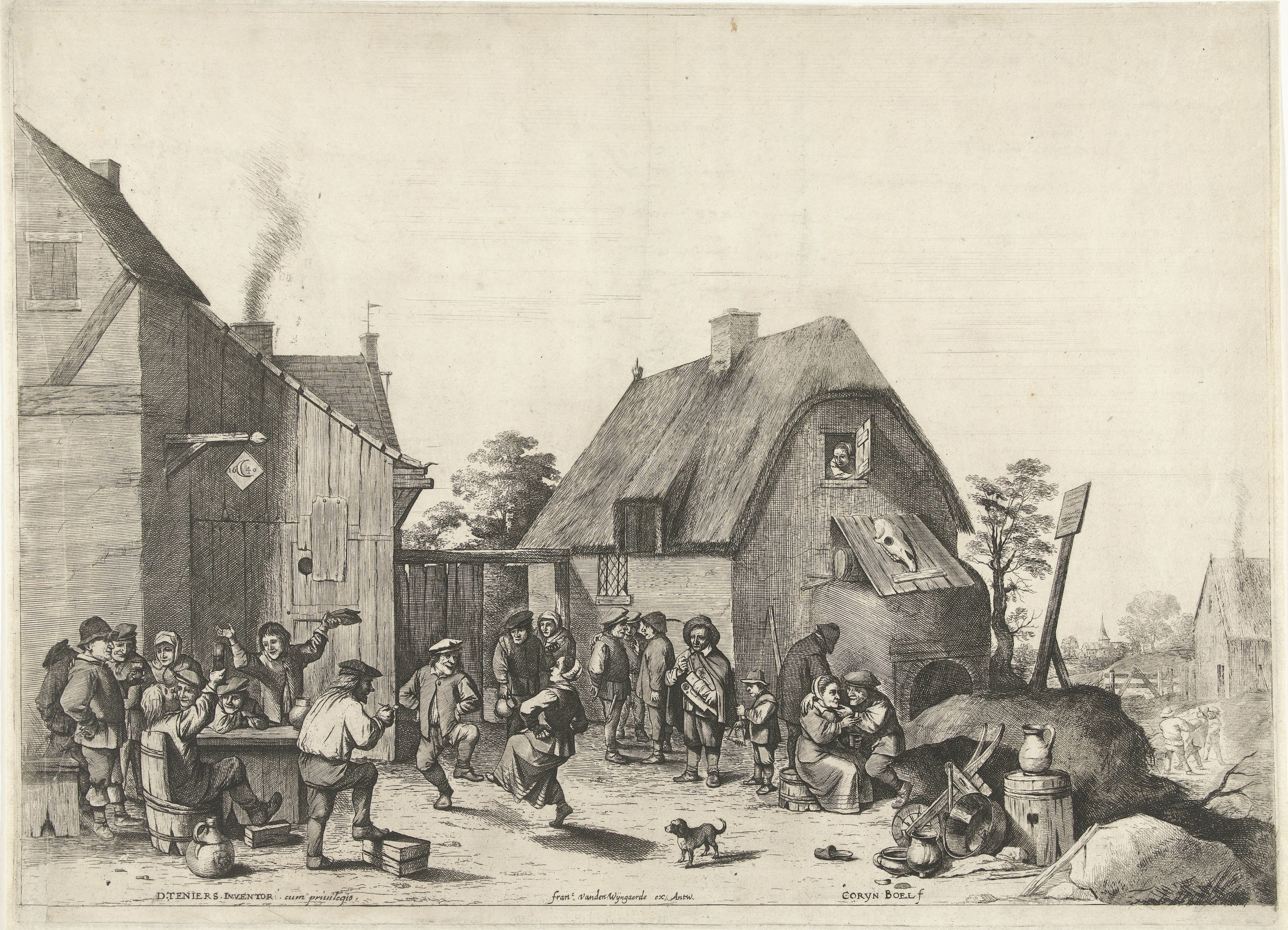 Boerenerf met dansende en drinkende boeren