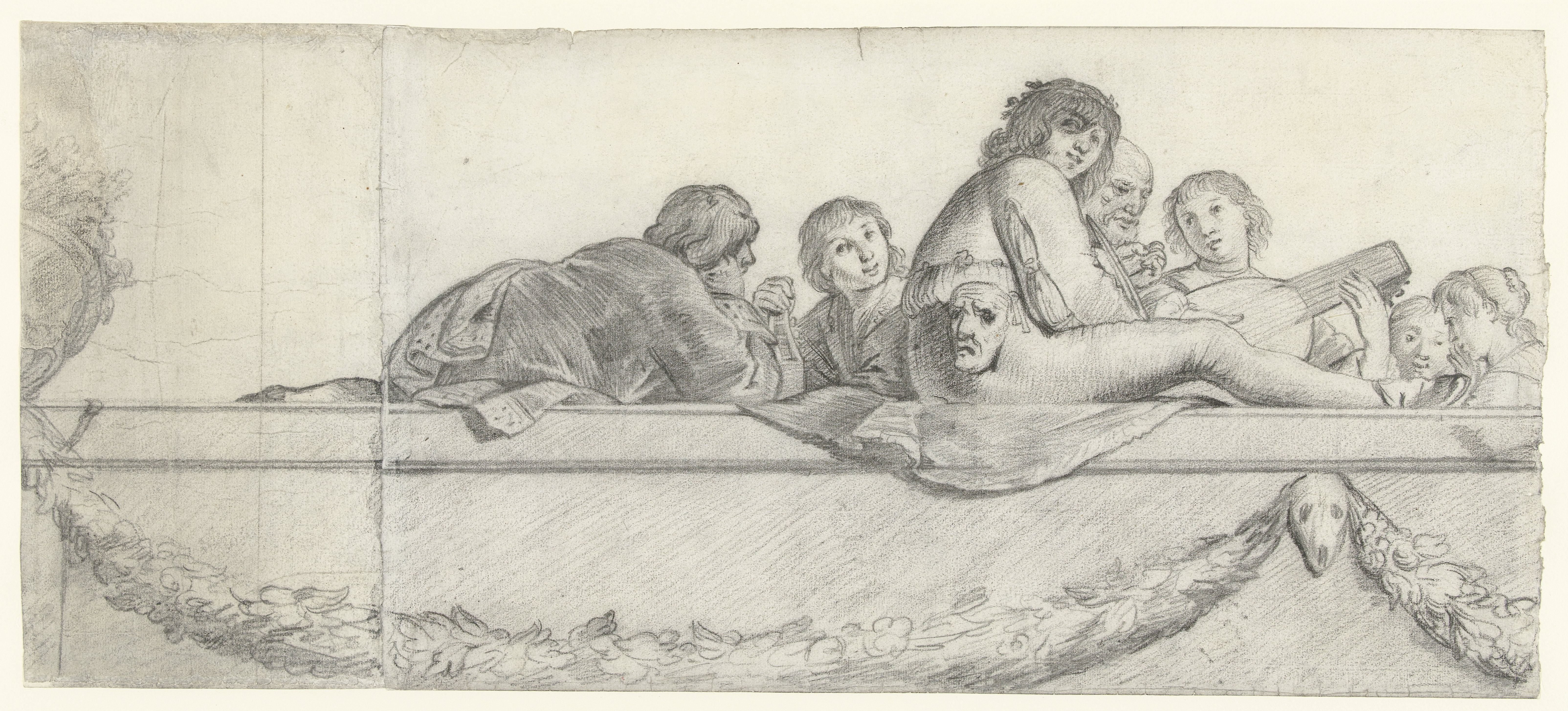 Personen op een balustrade met festoenen