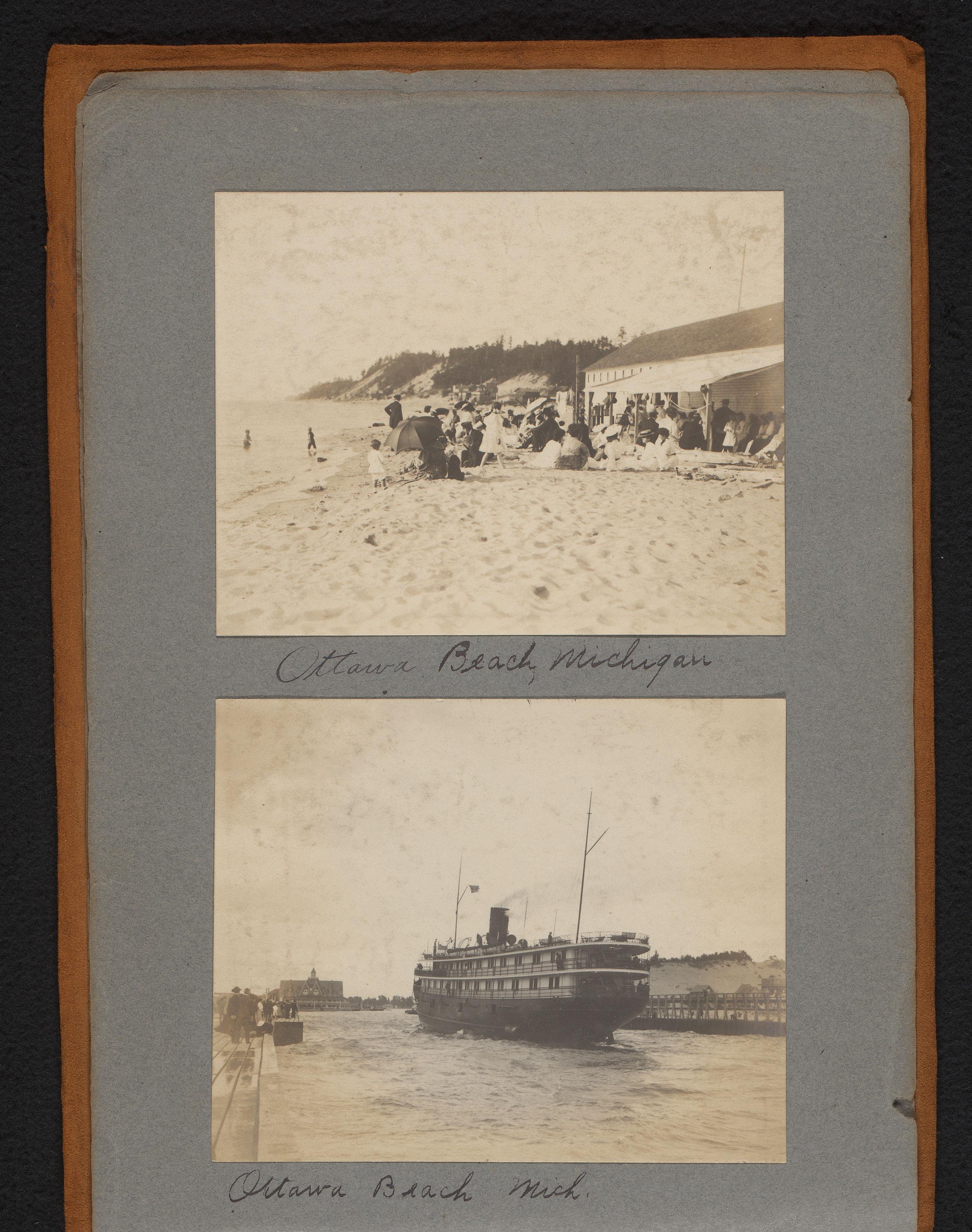Gezicht op een strand met mensen en een varend schip in Ottawa, Michigan