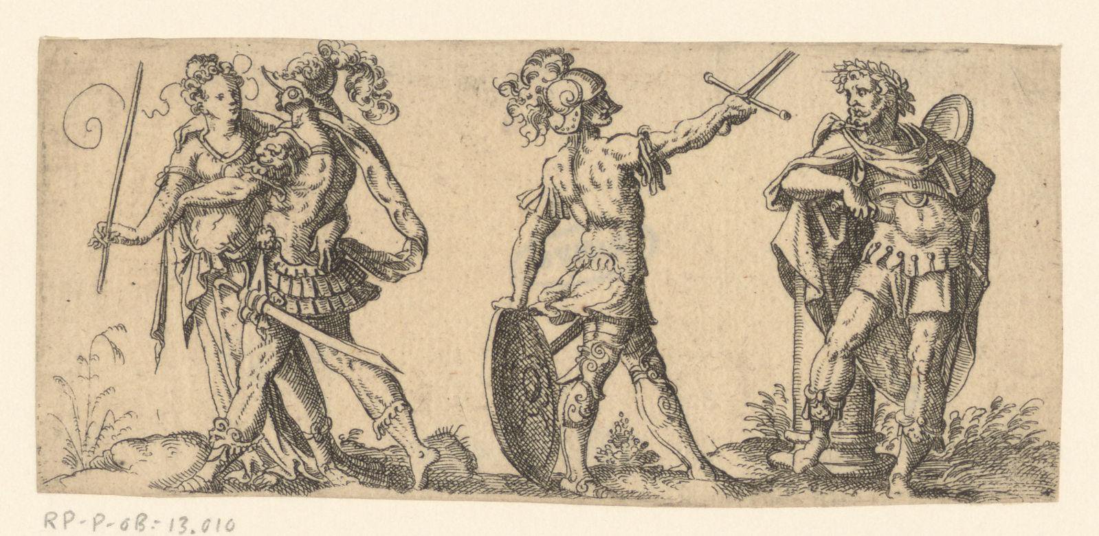 Drie krijgers, een van hen omhelst een vrouw
