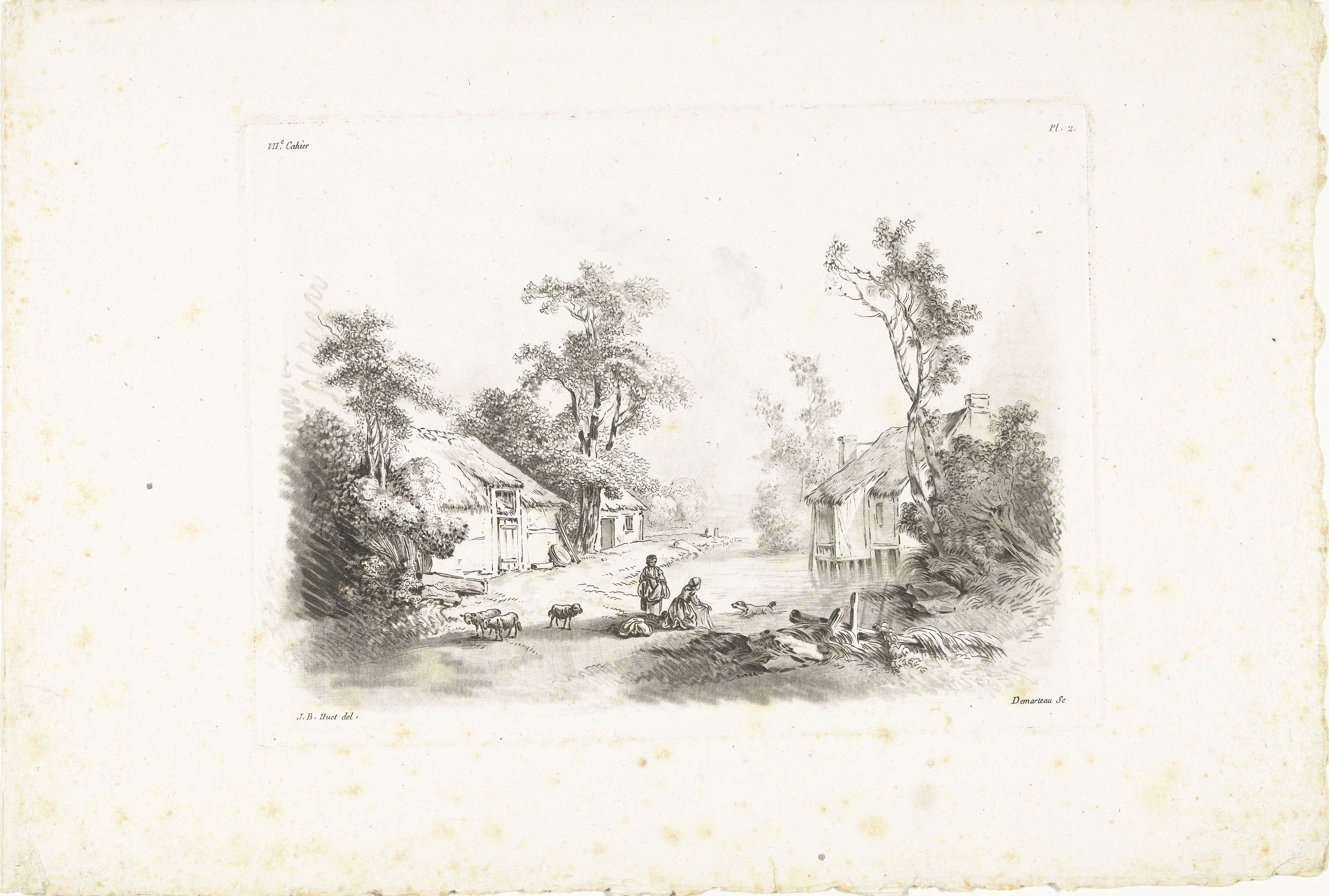 Landschap met boerderij en wasvrouw bij water