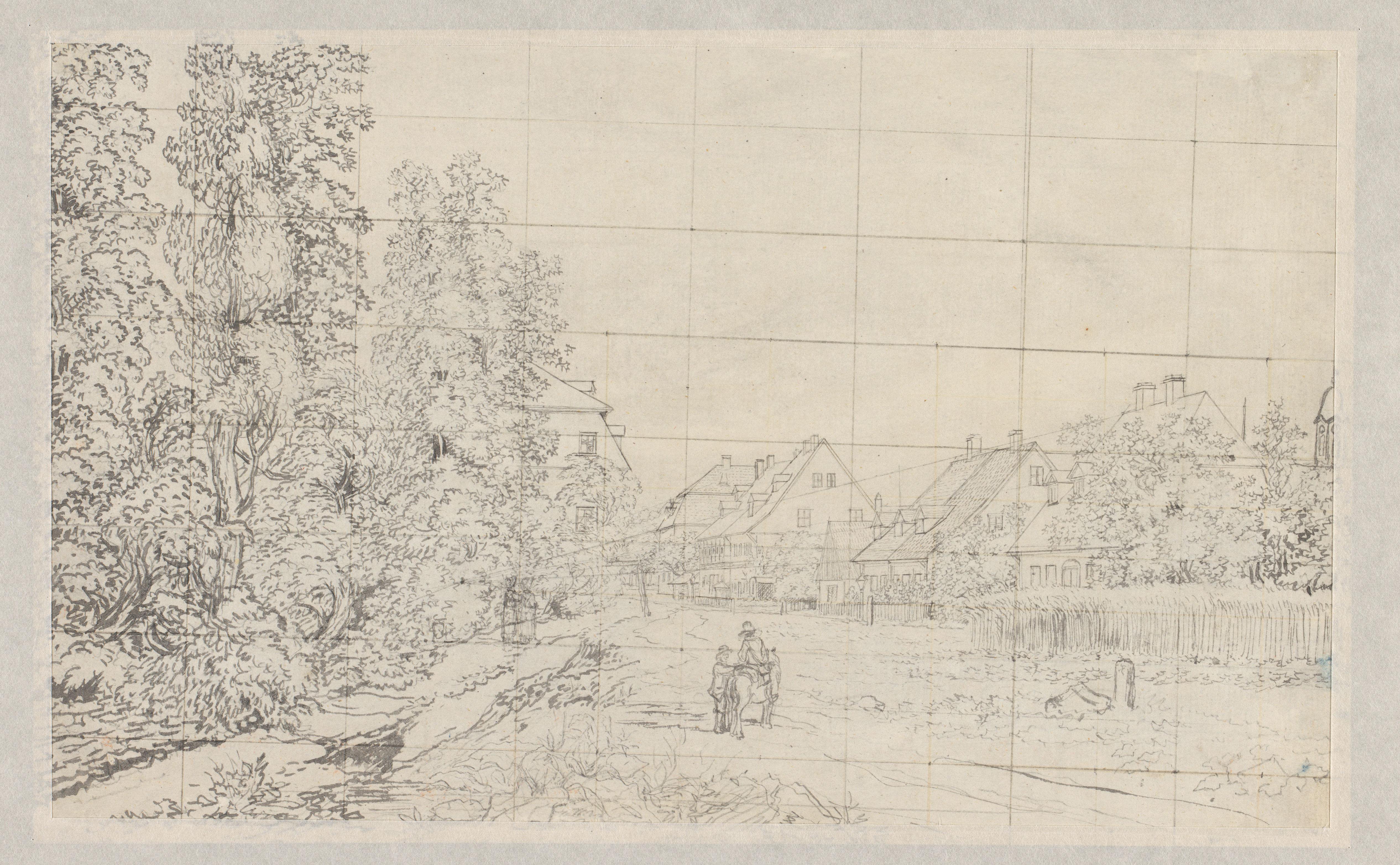 Dorpsweg met huizen (in Duitsland?) met twee figuren