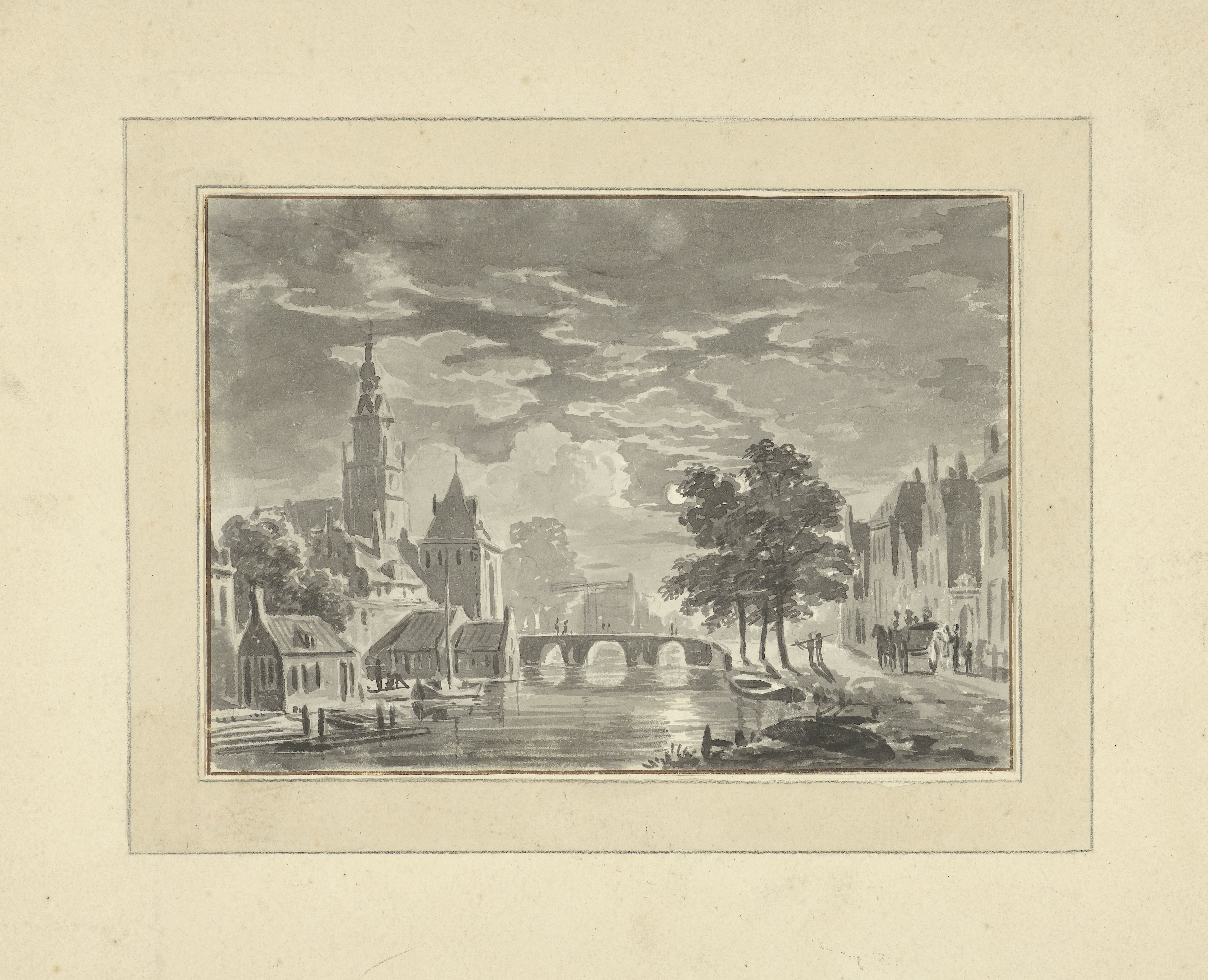 Stadsgezicht bij maanlicht