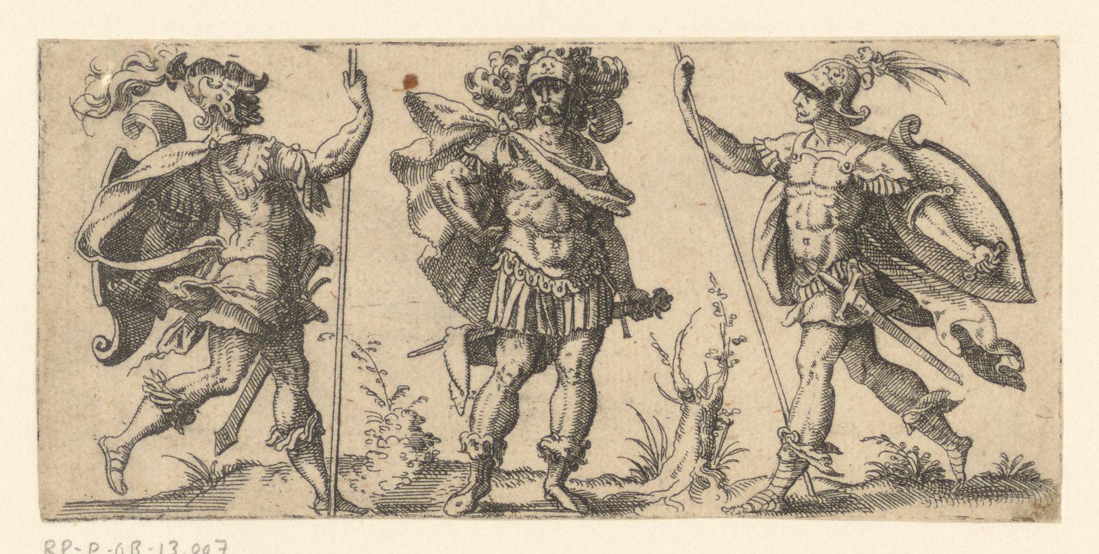 Drie krijgers, van wie twee met een lans