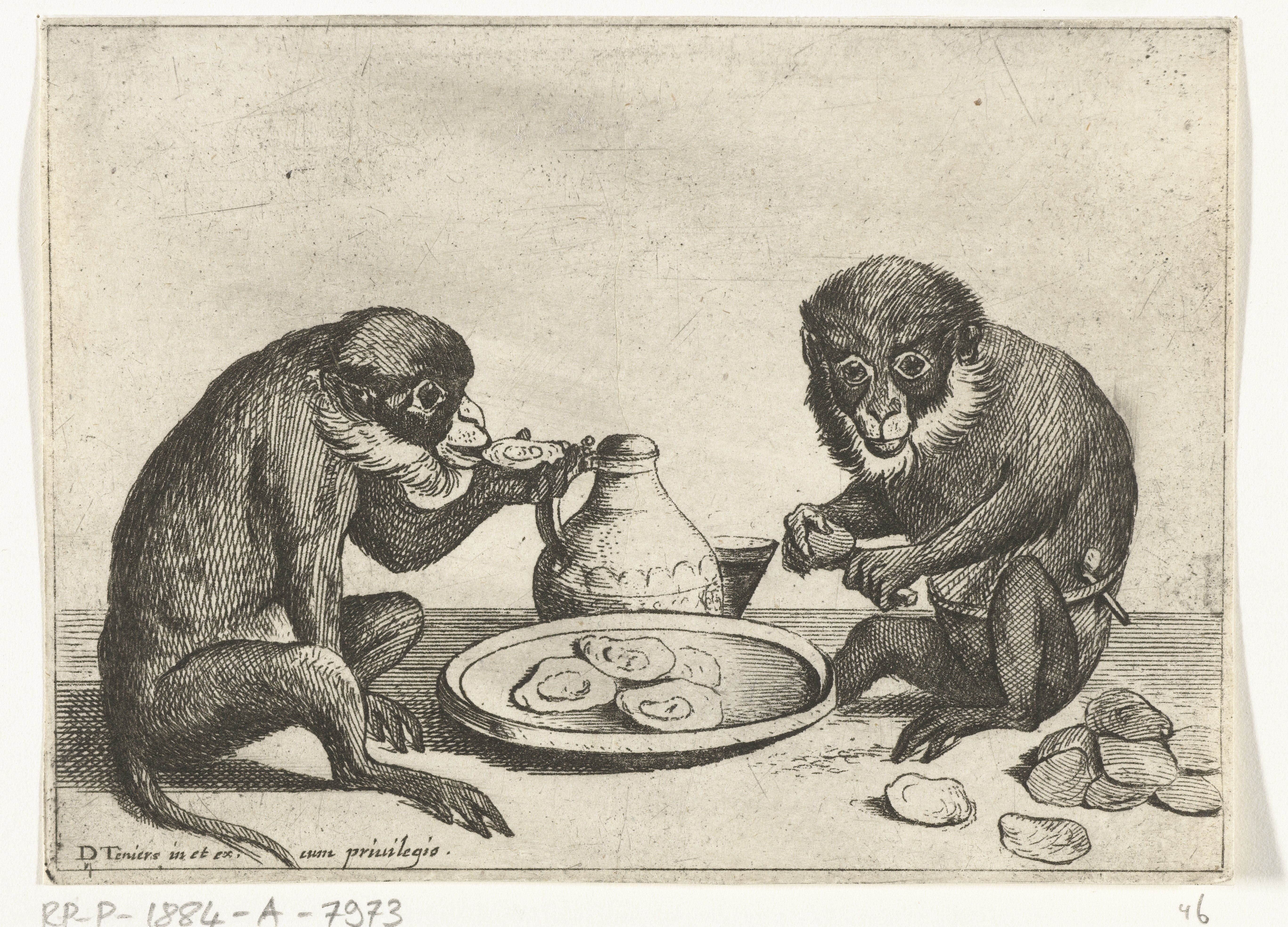 Twee apen eten oesters