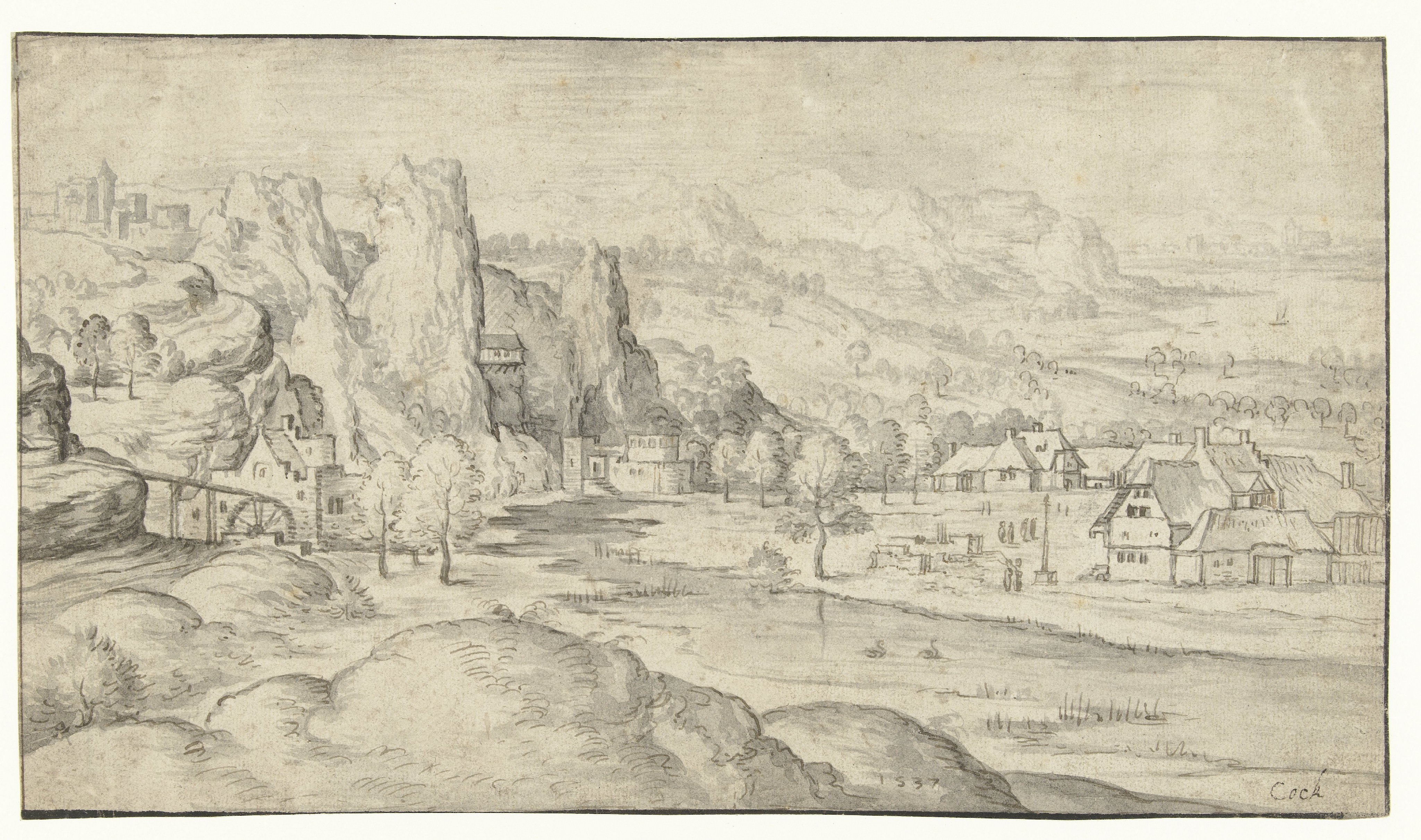 Rivierlandschap met watermolen en steile rotsen