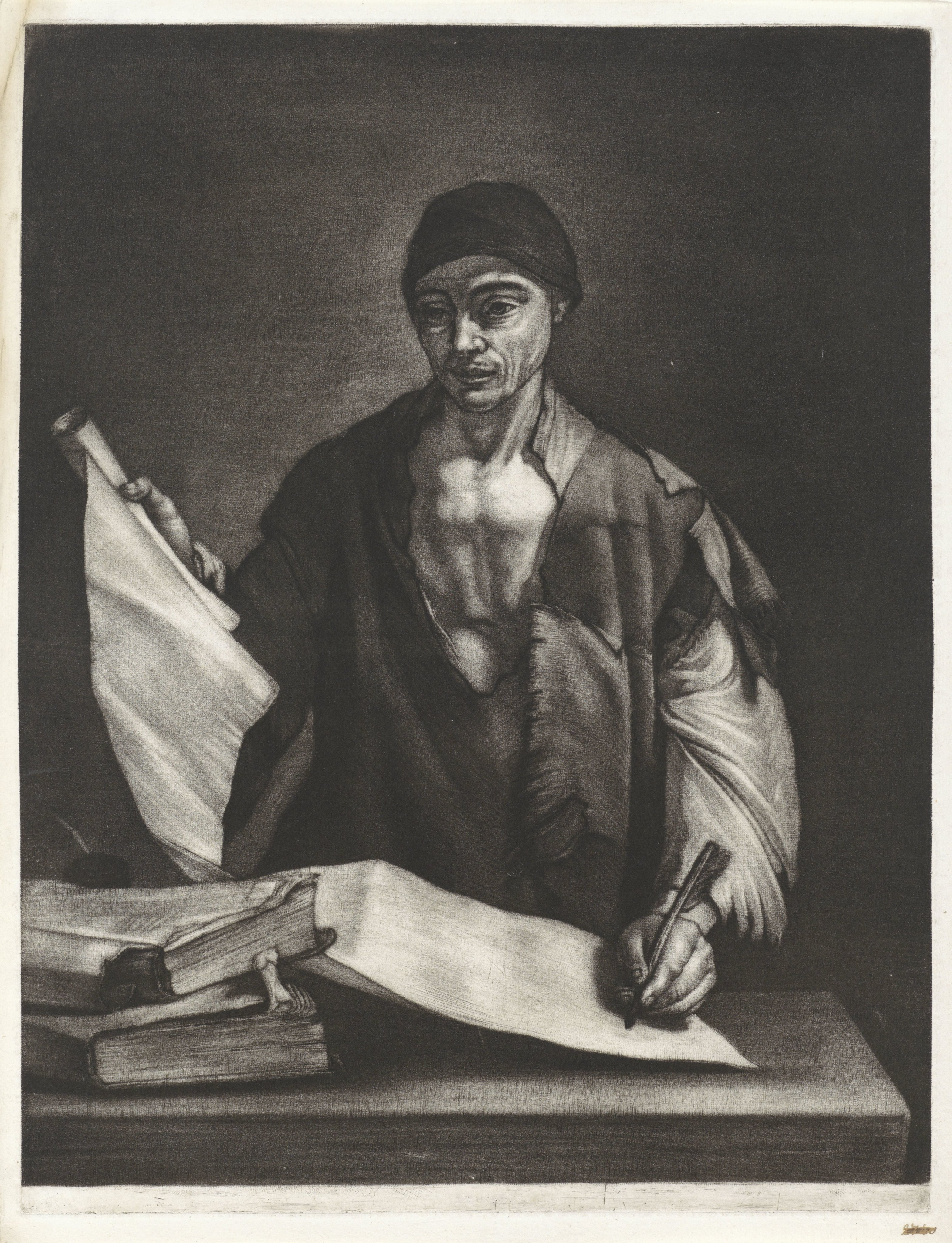 Aristoteles schrijvend achter een bureau