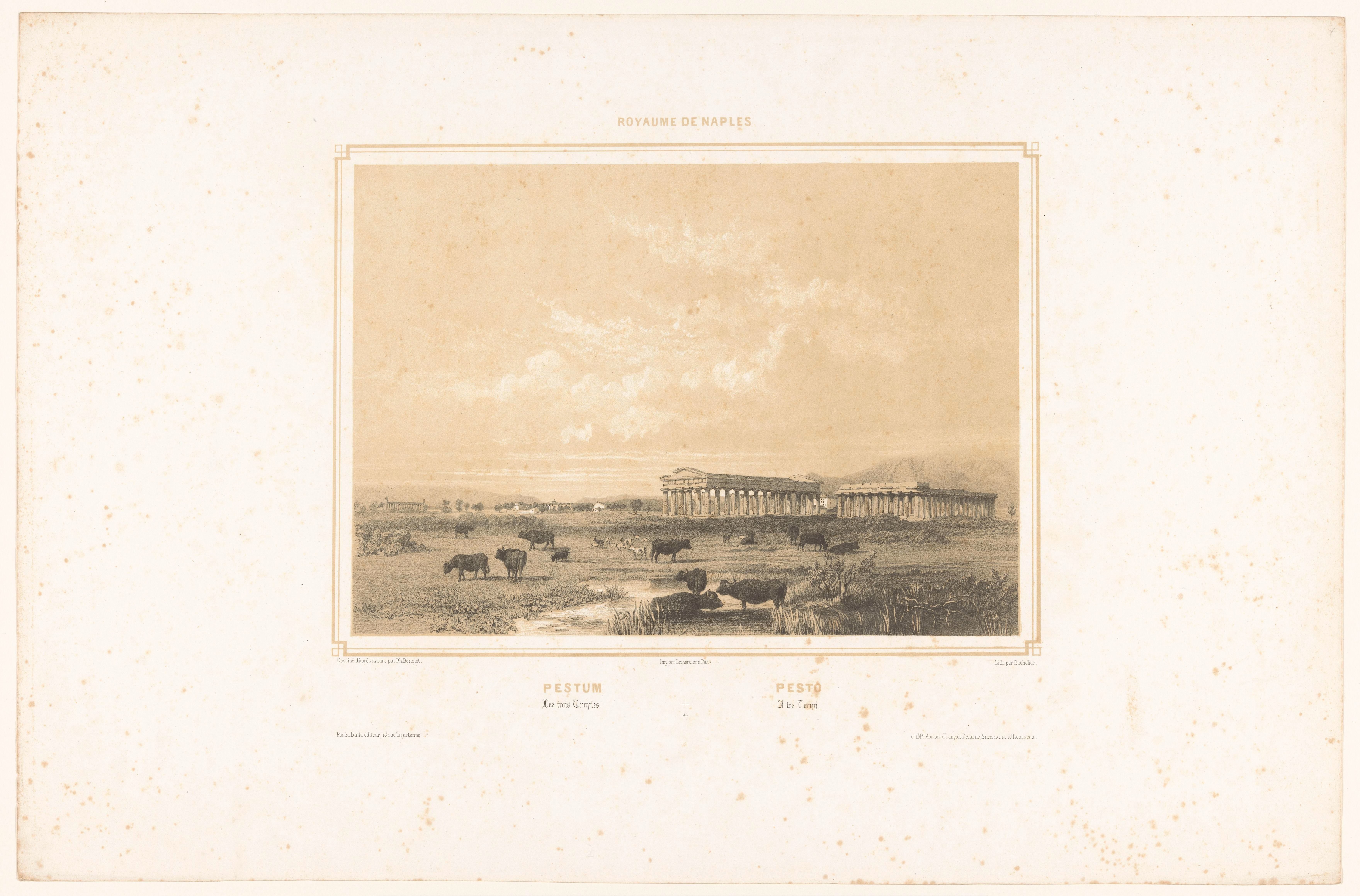 Zicht op de ruïnes van drie antieke tempels van Paestum