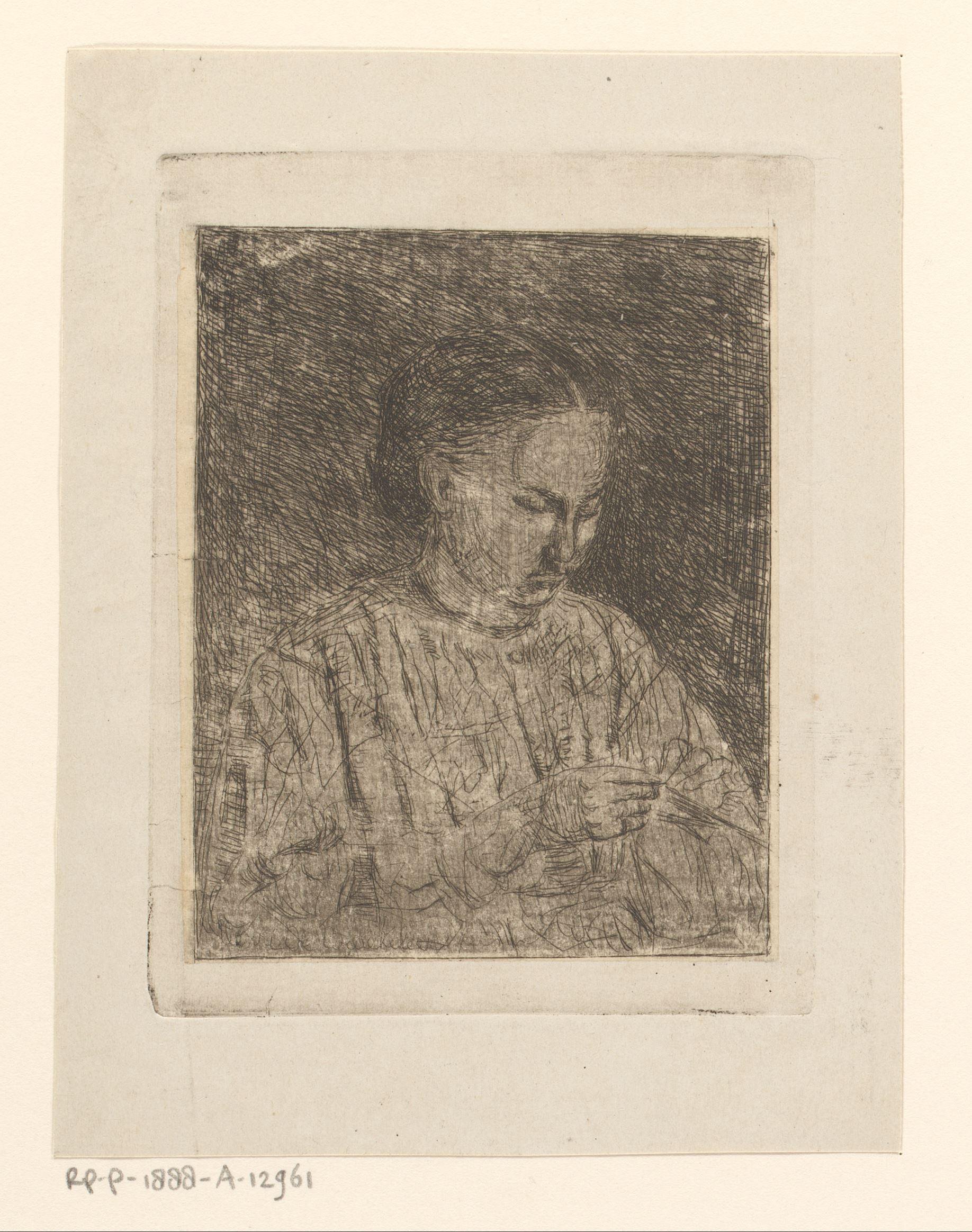 Portret van Marie de Braekeleer met haar breiwerk