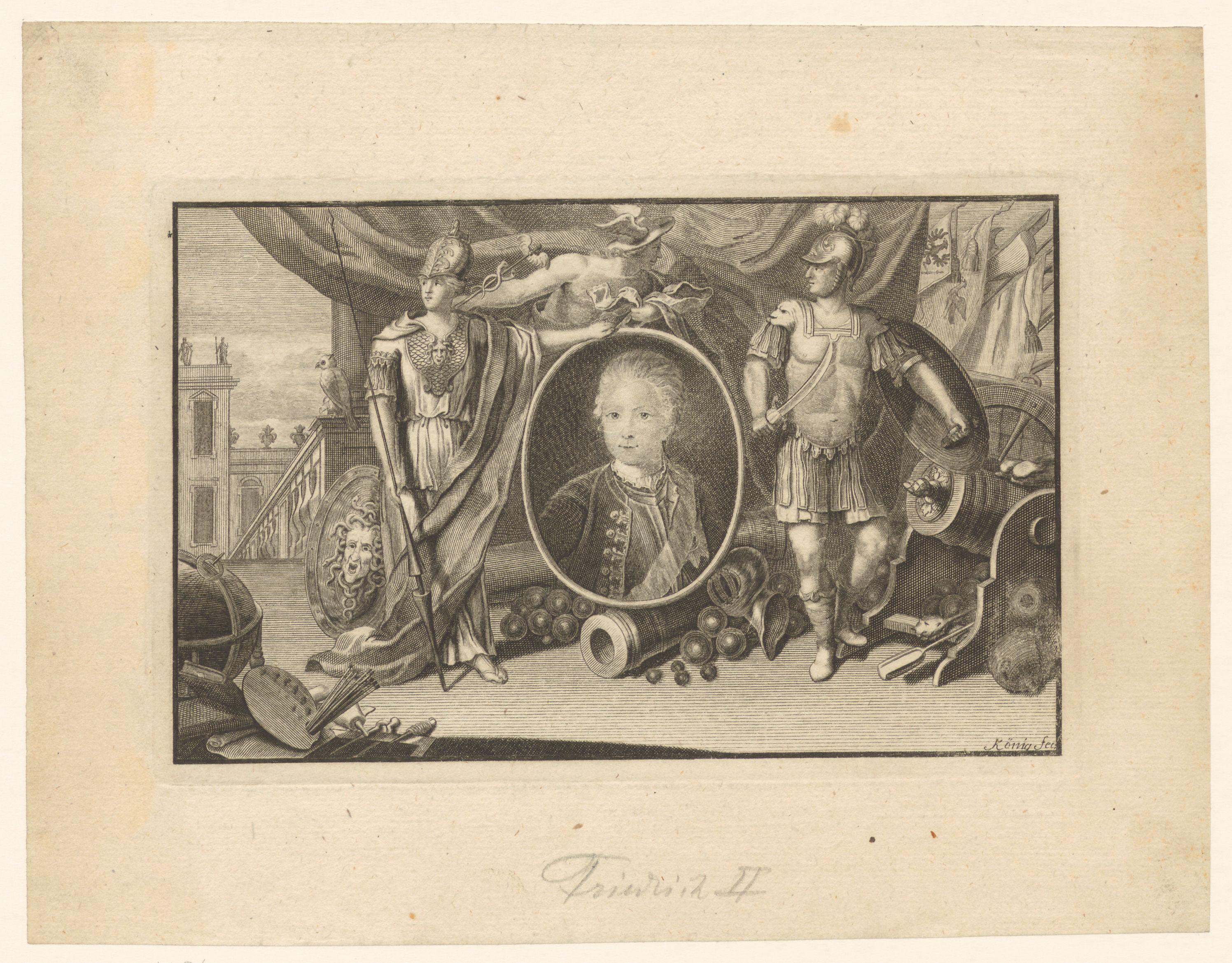 Portret van Frederik de Grote met een allegorie op oorlog